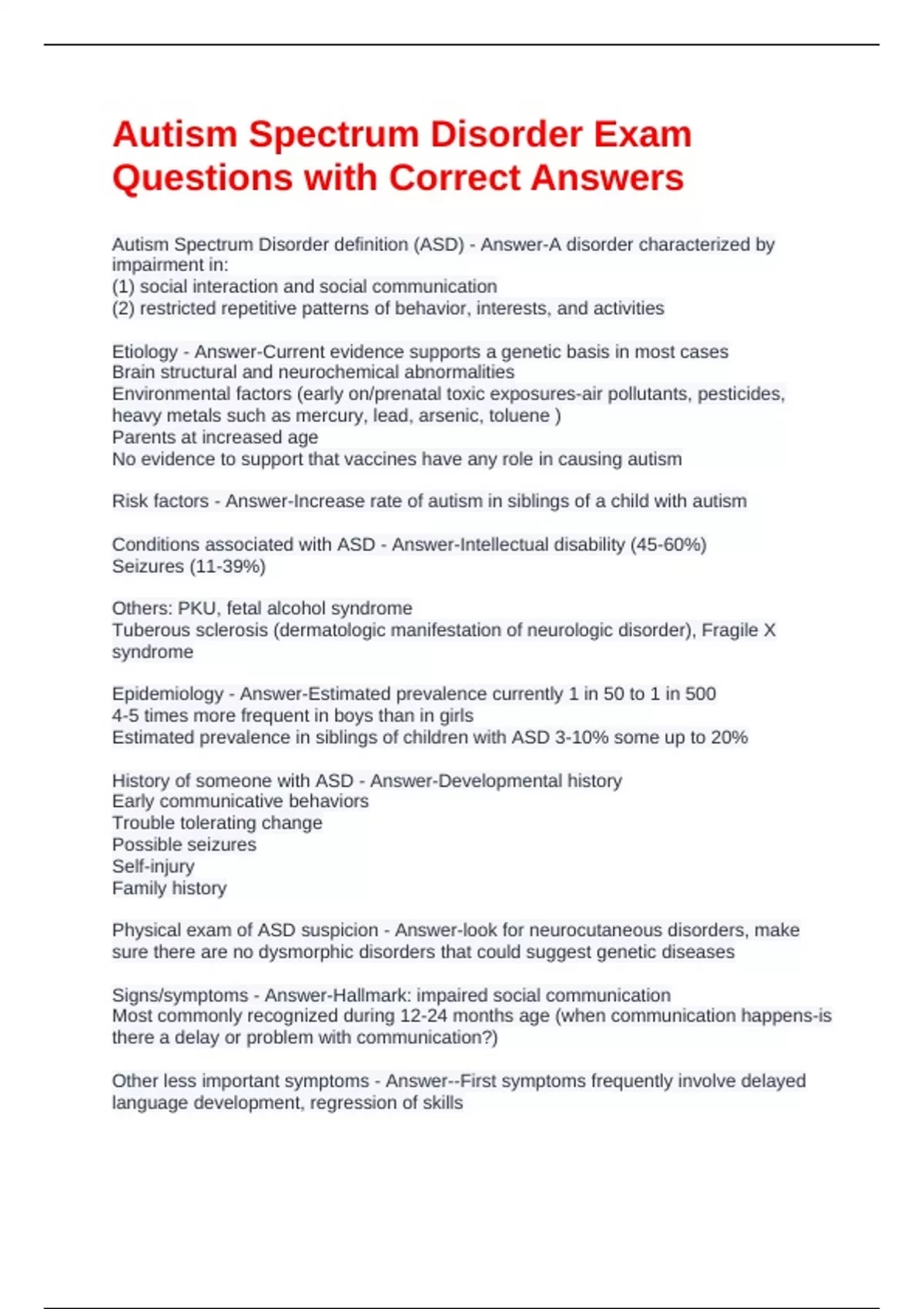 Autism Spectrum Disorder Exam Questions with Correct Answers - Autism ...