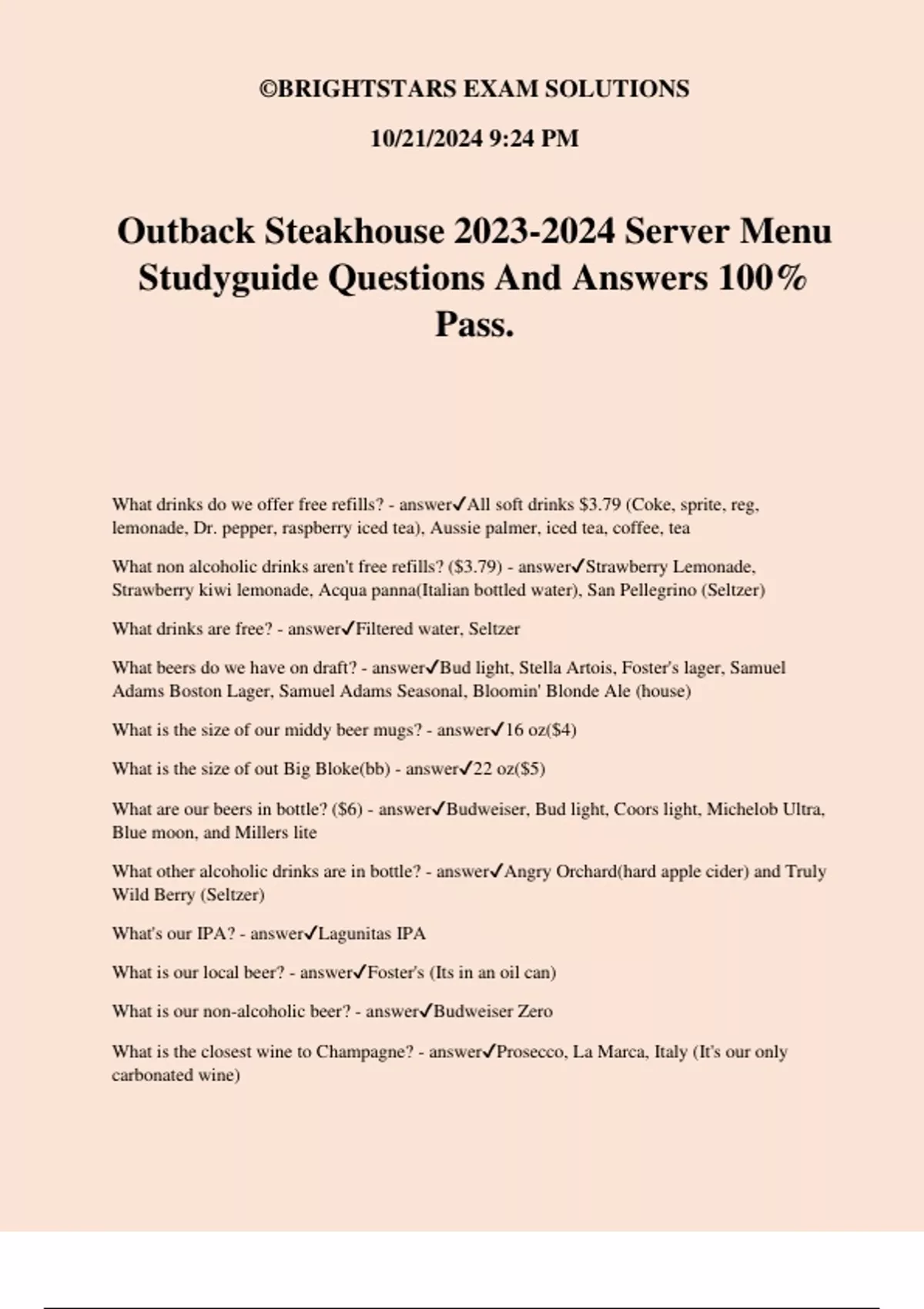 Outback Steakhouse Server Menu Studyguide Questions And Answers 100% ...