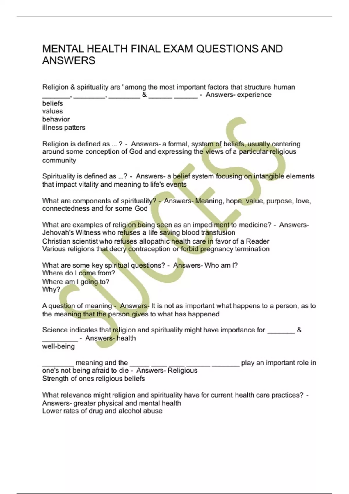 MENTAL HEALTH FINAL EXAM QUESTIONS AND ANSWERS - MENTAL HEALTH - Stuvia US