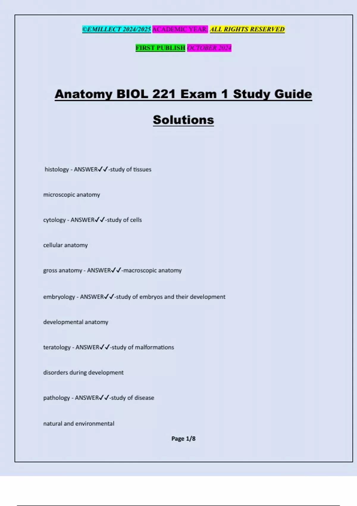 Anatomy BIOL 221 Exam 1 Study Guide Solutions - 2024/2025 - Stuvia US