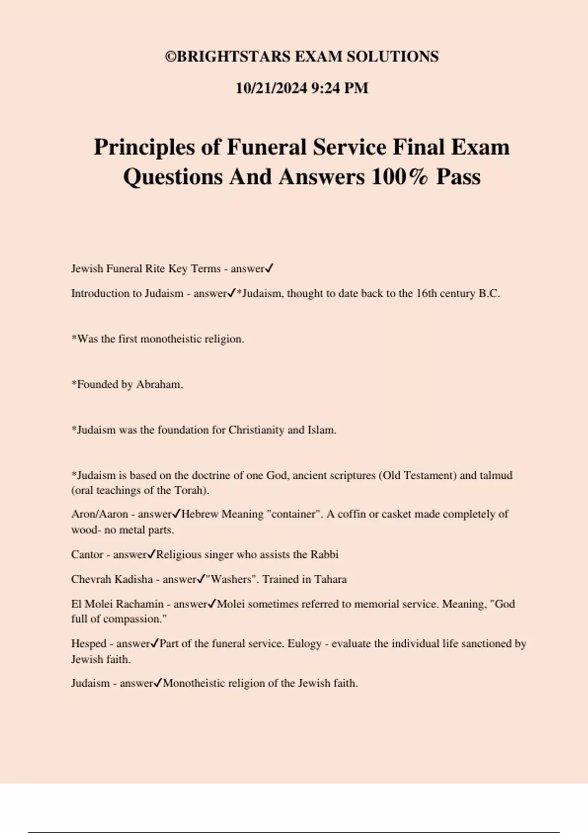 Principles of Funeral Service Final Exam Questions And Answers 100% ...