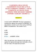 CALIFORNIA REAL ESTATE  SALESPERSON EXAM 2024 ACTUAL  EXAM 2 VERSIONS &lpar;VERSION A AND B&rpar;  COMPLETE ACCURATE EXAM  QUESTIONS WITH DETAILED VERIFIED  ANSWERS &sol;ALREADY GRADED A&plus;
