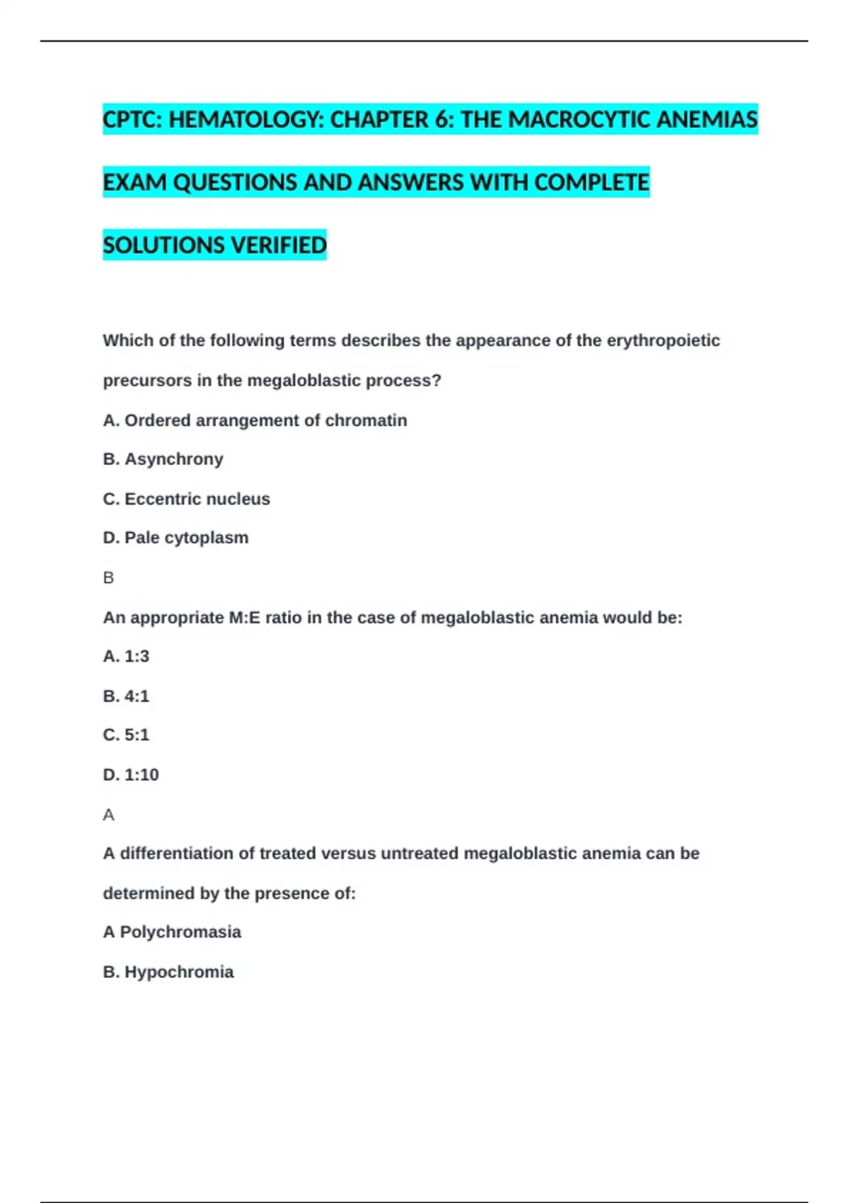CPTC: HEMATOLOGY: CHAPTER 6: THE MACROCYTIC ANEMIAS EXAM QUESTIONS AND ...