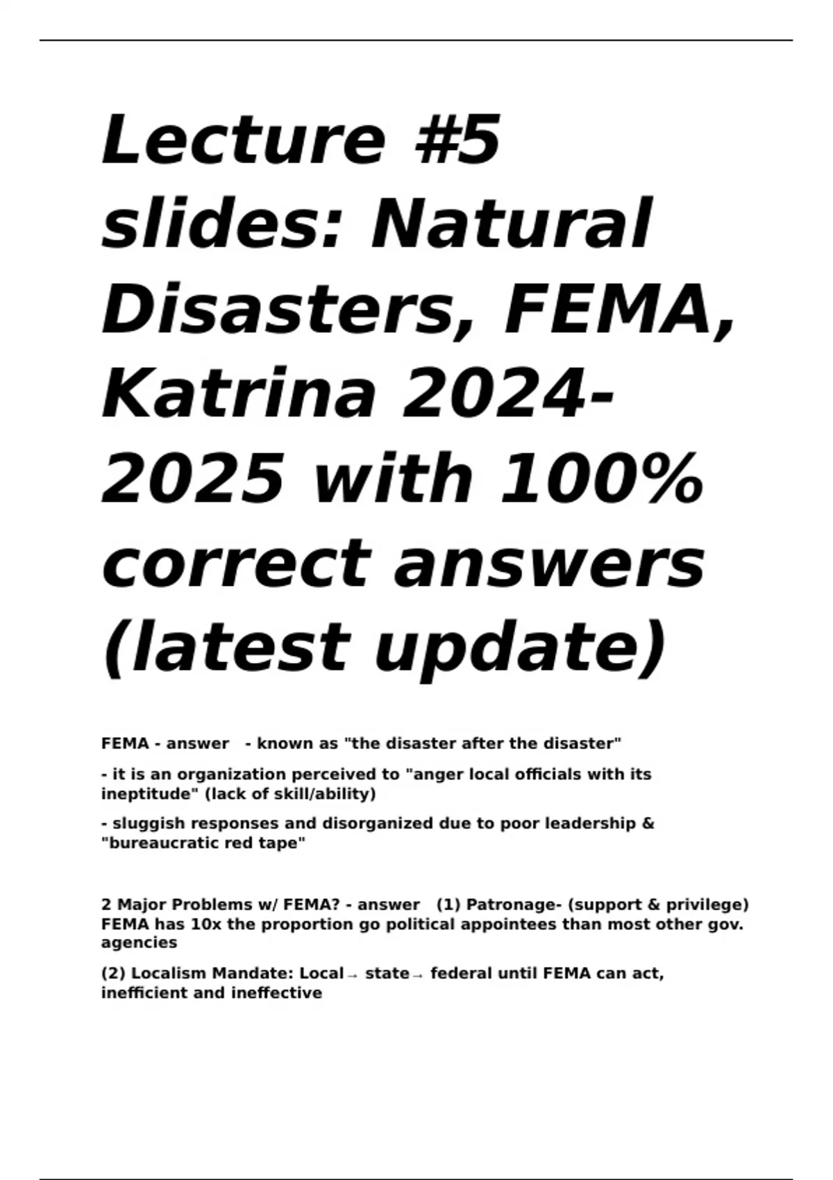 Lecture -5 slides Natural Disasters, FEMA, Katrina with 100- correct ...