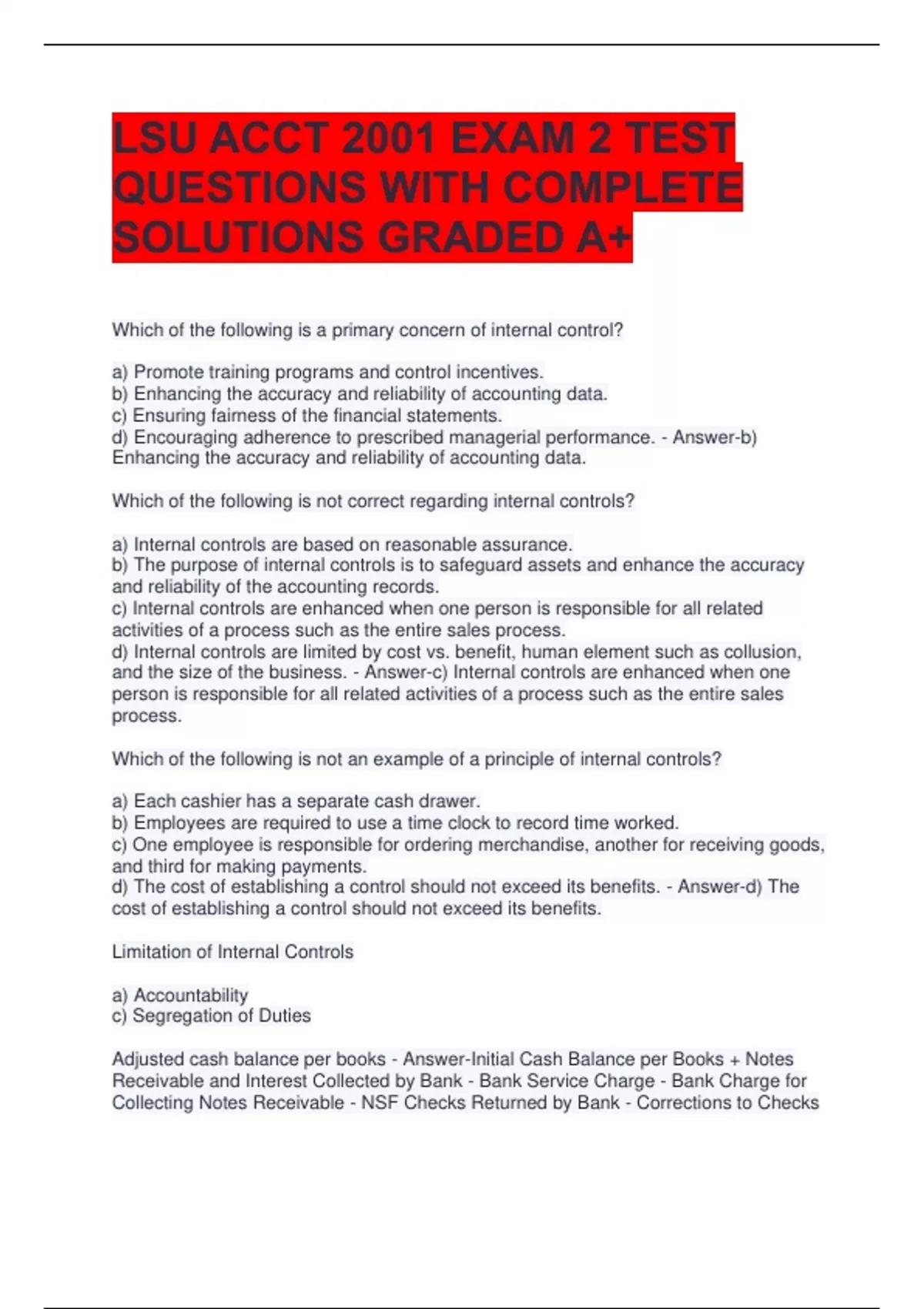 LSU ACCT 2001 EXAM 2 TEST QUESTIONS WITH COMPLETE SOLUTIONS GRADED A+ ...
