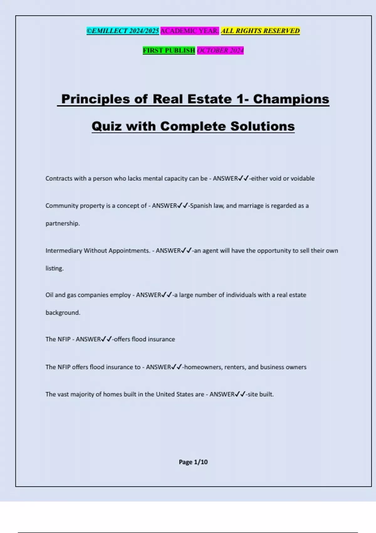 Principles of Real Estate 1 Champions Quiz with Complete Solutions