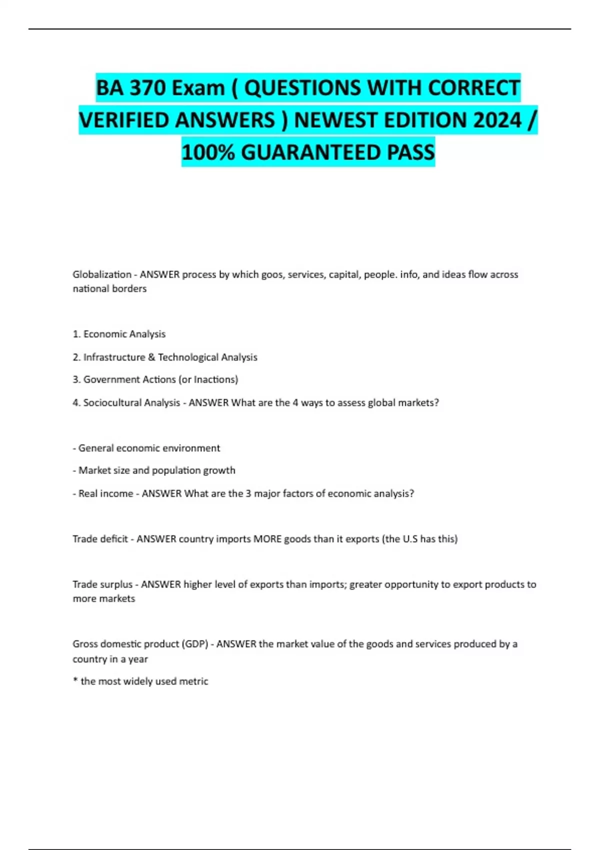 BA 370 Exam ( QUESTIONS WITH CORRECT VERIFIED ANSWERS ) NEWEST EDITION ...