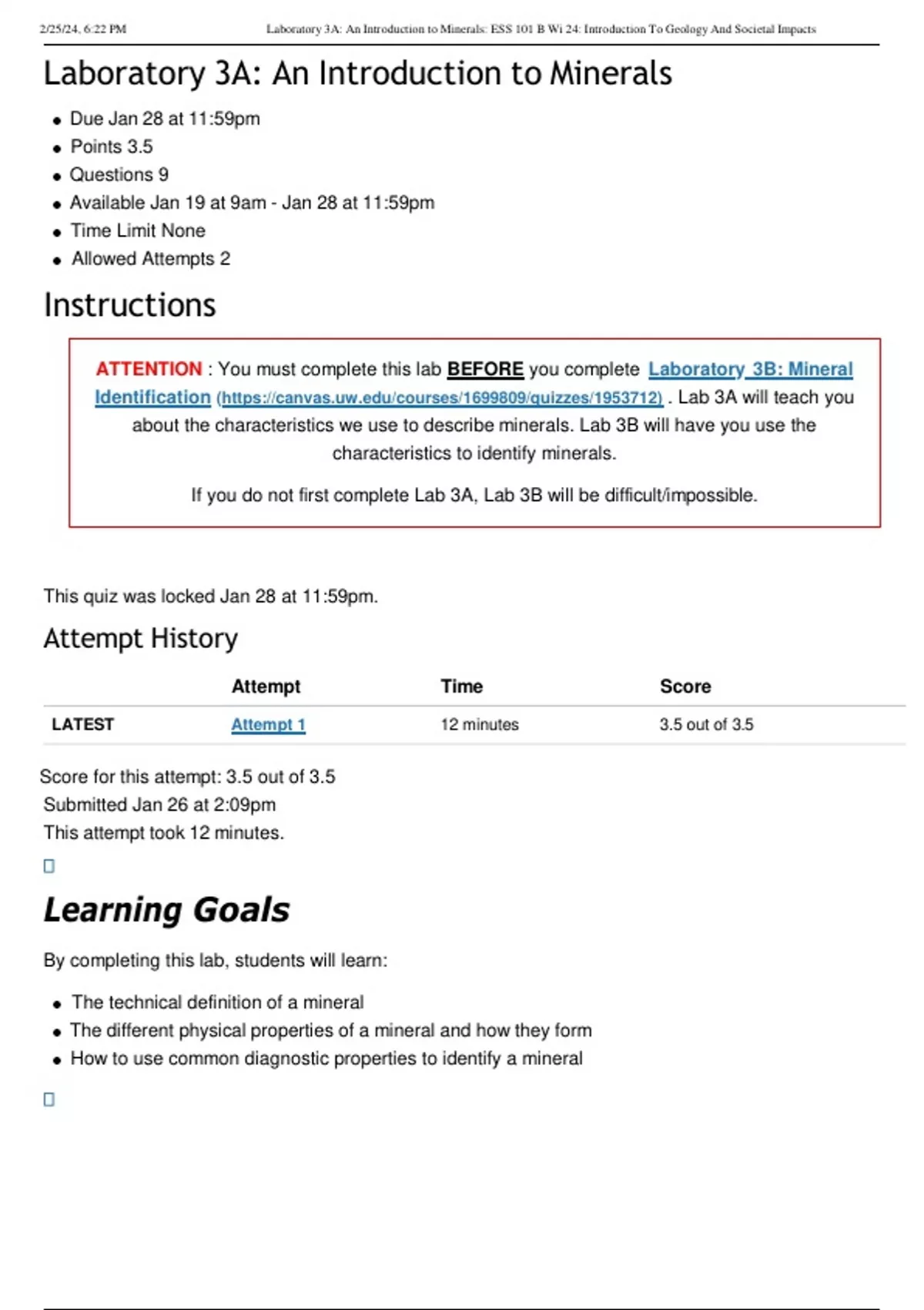 ESS 101 Laboratory 3A Quiz: An Introduction to Minerals - ESS 101 ...