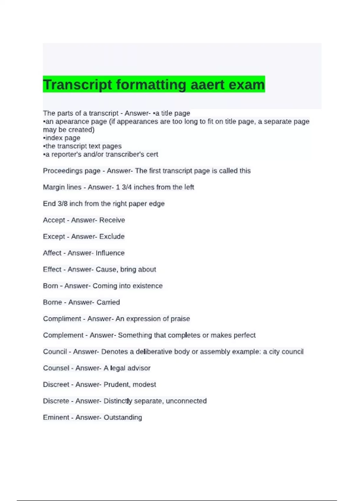 Transcript formatting aaert exam questions and answers - Nursing ...