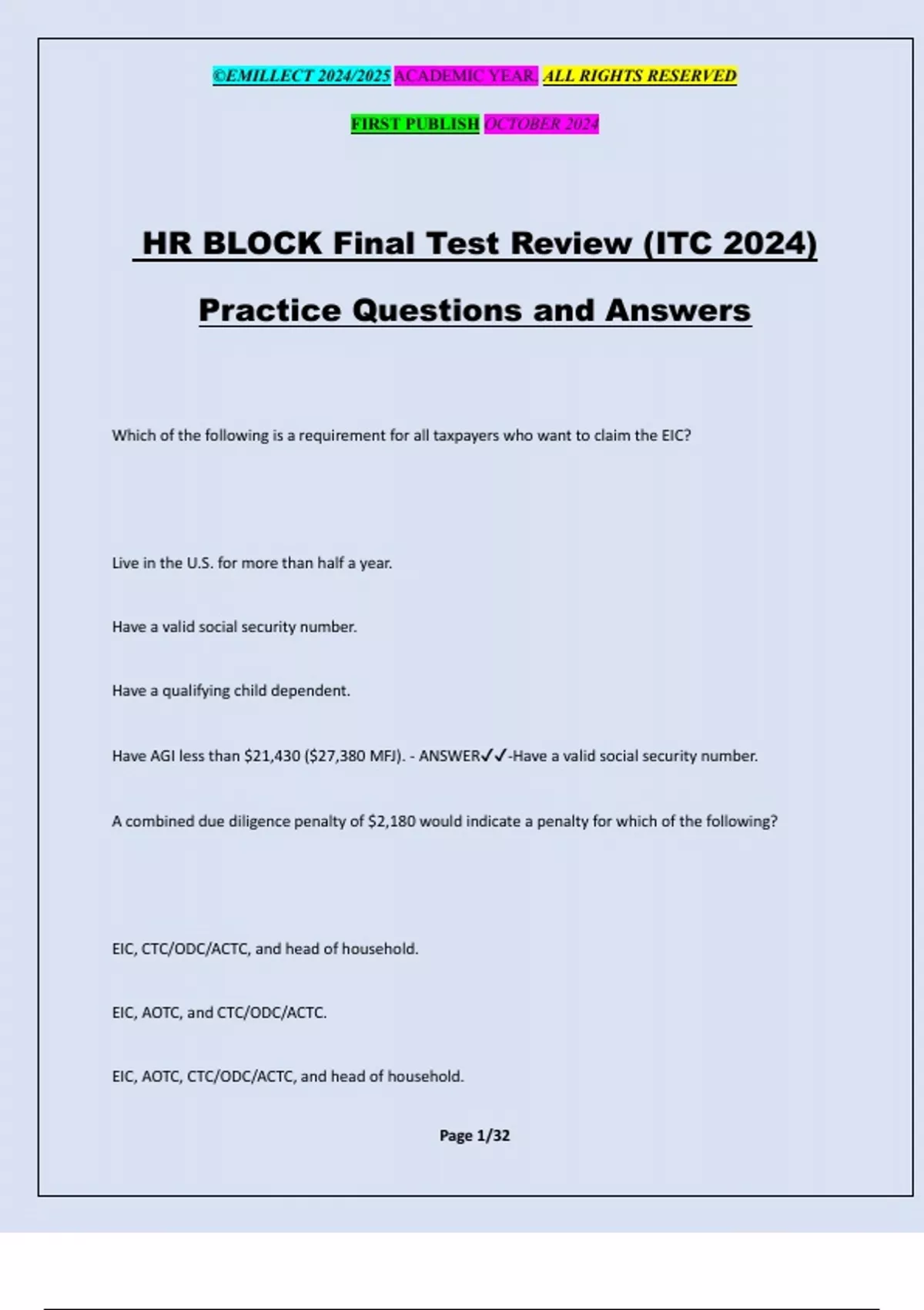 HR BLOCK Final Test Review (ITC 2024) Practice Questions and Answers ...