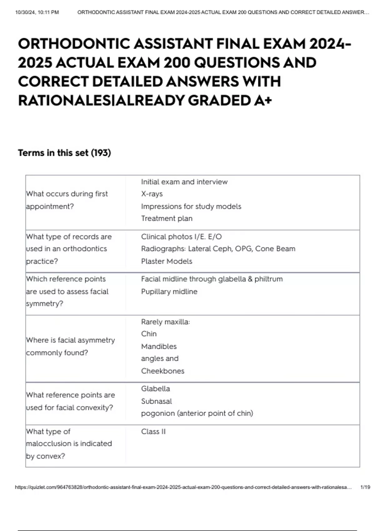 ORTHODONTIC ASSISTANT FINAL EXAM ACTUAL EXAM 200 QUESTIONS AND CORRECT DETAILED ANSWERS ...