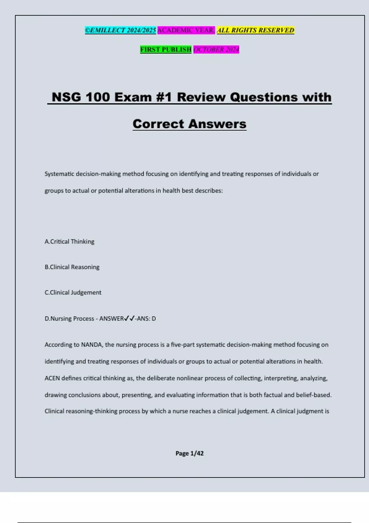NSG 100 Exam #1 Review Questions with Correct Answers - Practice Tests ...