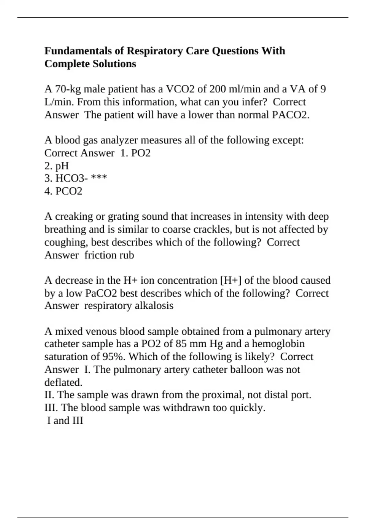 Fundamentals of Respiratory Care Questions With Complete Solutions ...