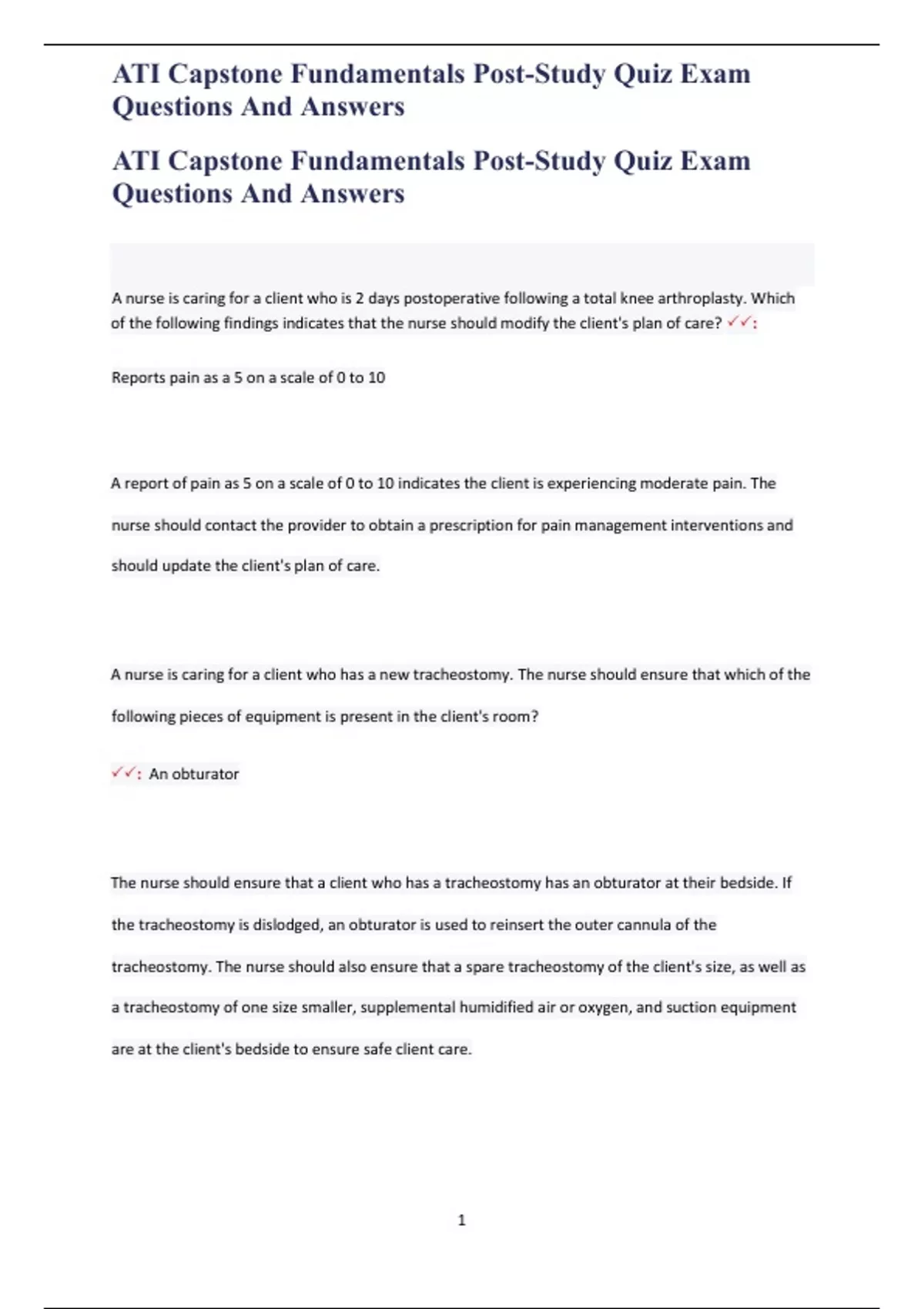 ATI Capstone Fundamentals Post-Study Quiz Exam Questions And Answers ...