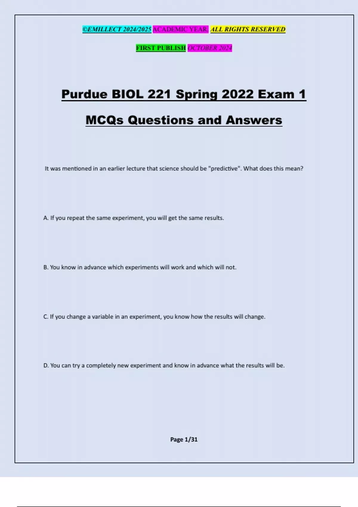 Purdue BIOL 221 Spring 2022 Exam 1 MCQs Questions and Answers - Tests ...
