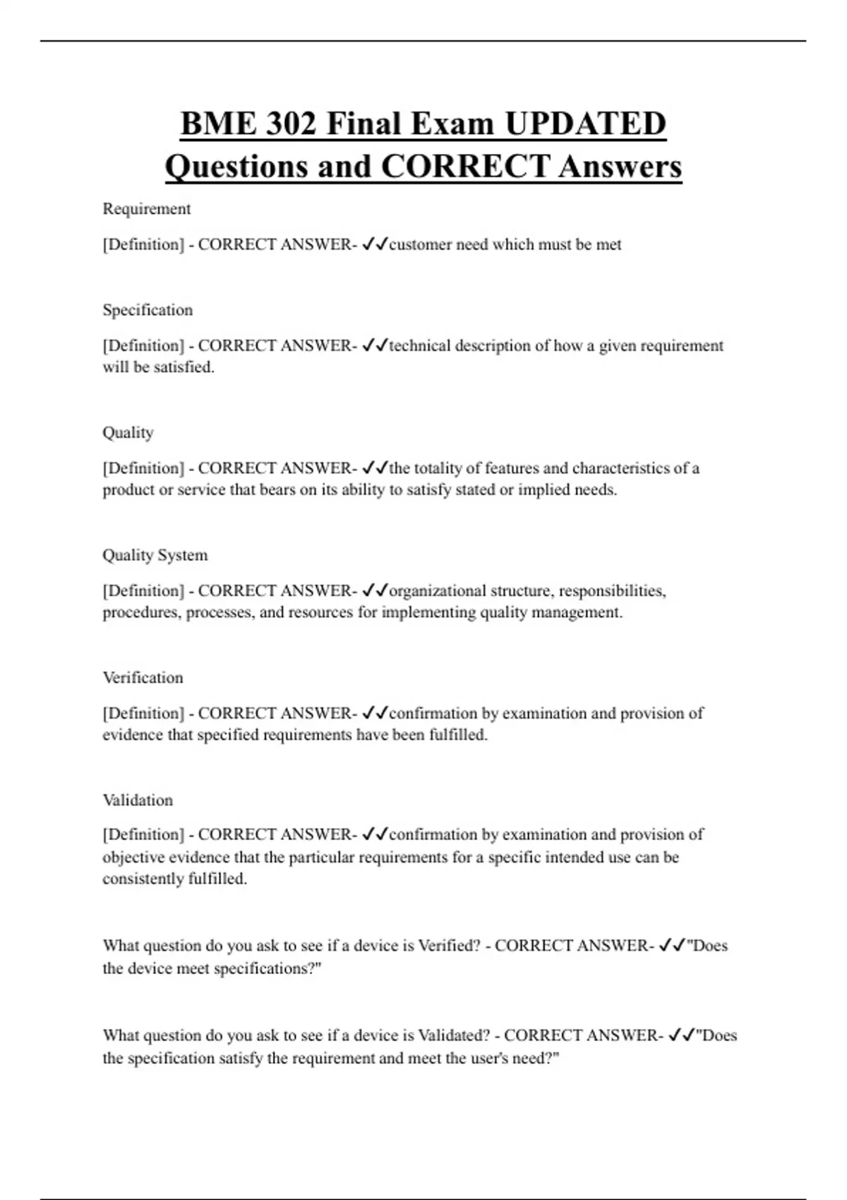 BME 302 Final Exam UPDATED Questions and CORRECT Answers - BME 302 ...