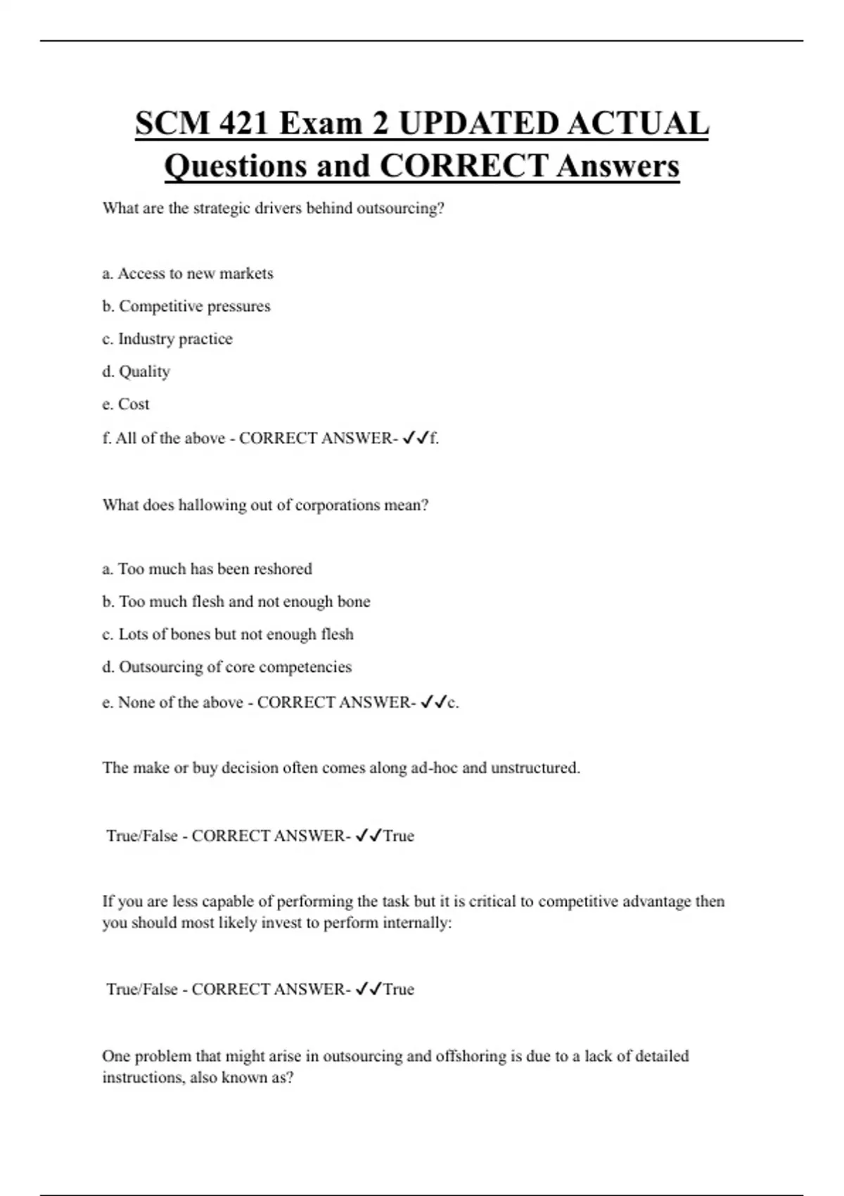 SCM 421 Exam 2 UPDATED ACTUAL Questions and CORRECT Answers - SCM 421 ...