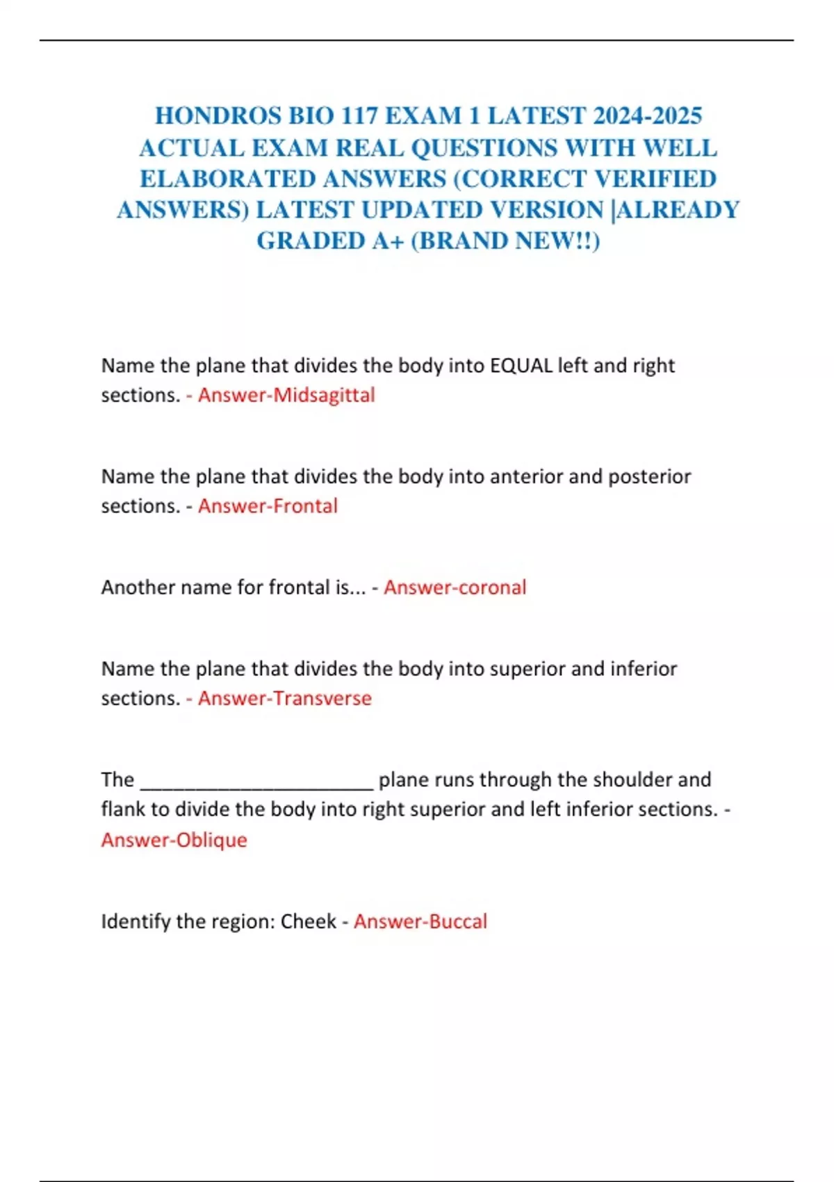 HONDROS BIO 117 EXAM 1 LATEST ACTUAL EXAM REAL QUESTIONS WITH WELL