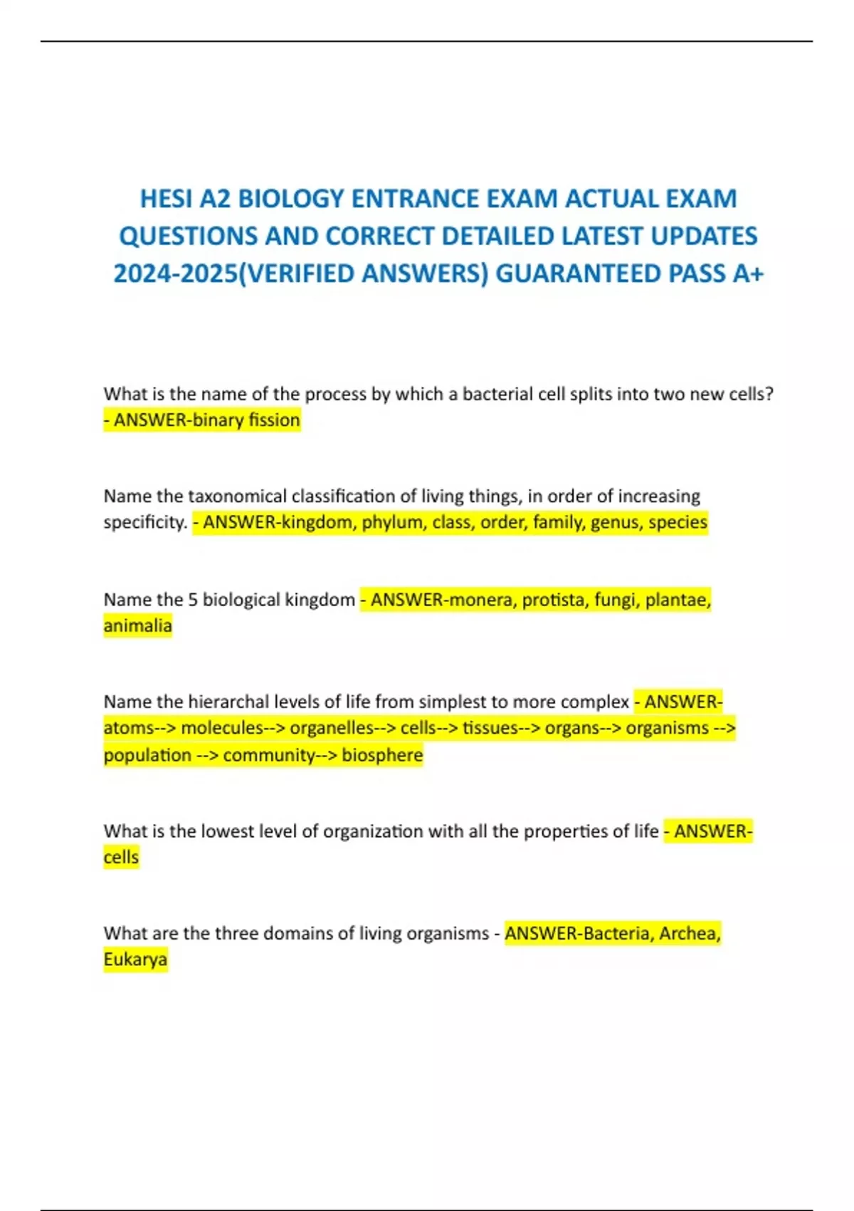 HESI A2 BIOLOGY ENTRANCE EXAM ACTUAL EXAM QUESTIONS AND CORRECT ...