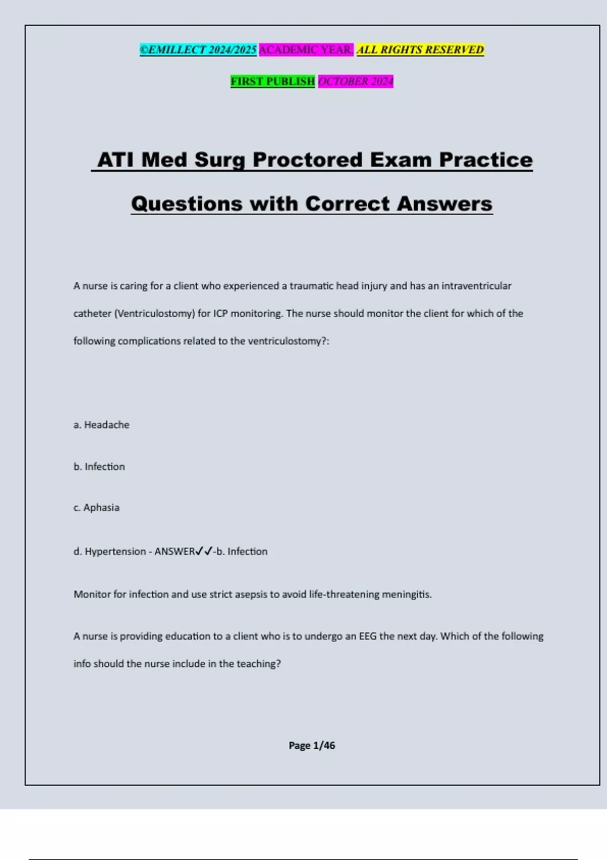 ATI Med Surg Proctored Exam Practice Questions with Correct Answers ...
