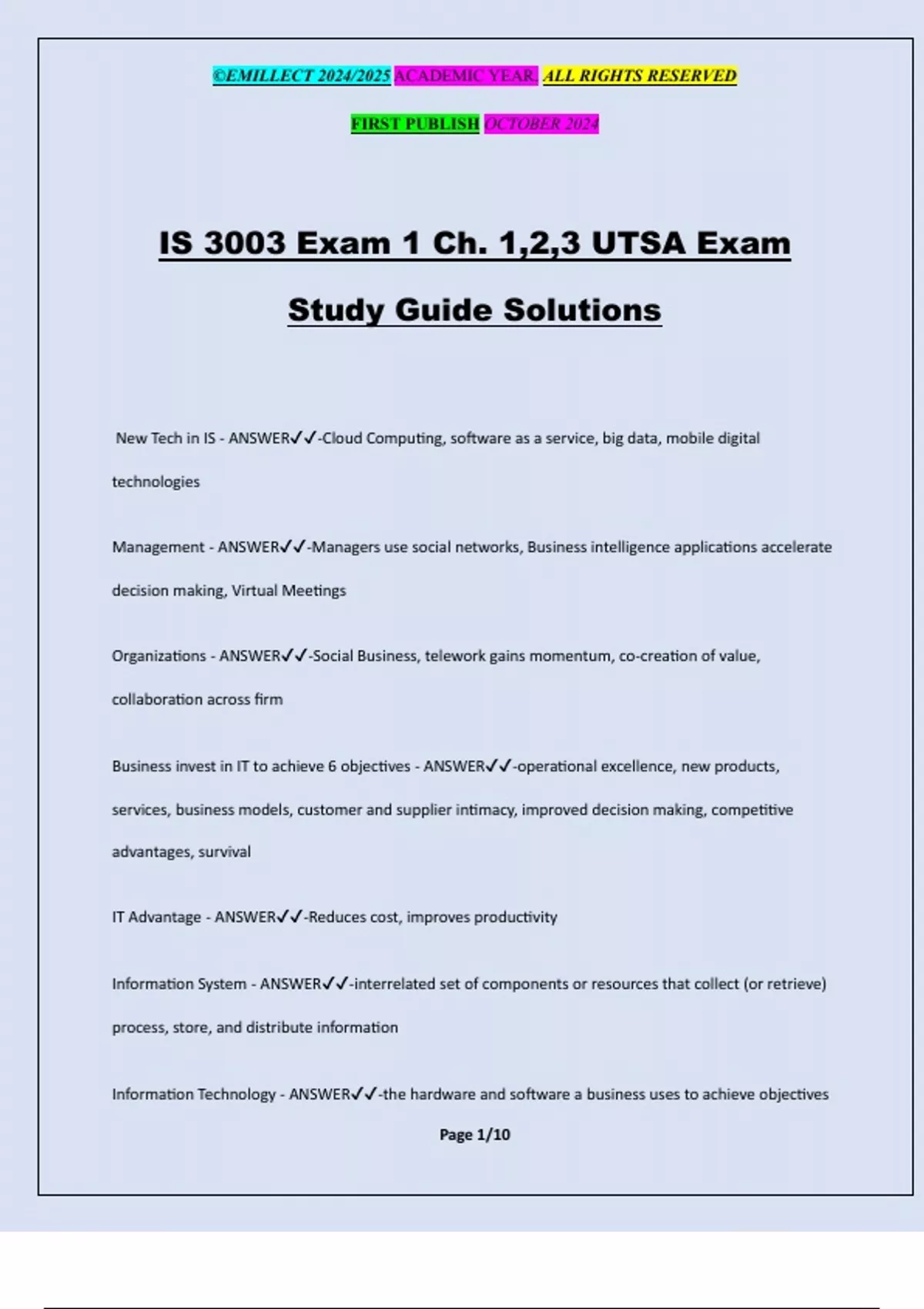 IS 3003 Exam 1 Ch. 1,2,3 UTSA Exam Study Guide Solutions - UTSA - Stuvia US