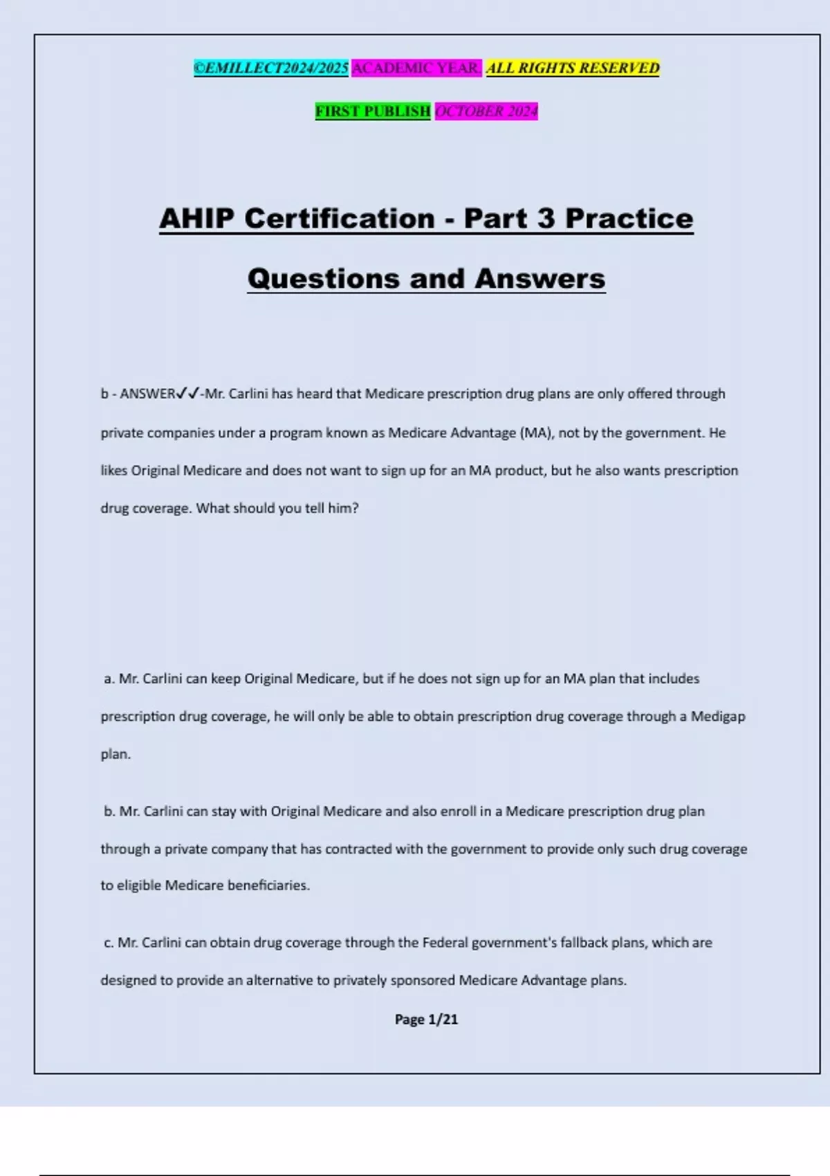 AHIP Certification - Part 3 Practice Questions and Answers - 2025 AHIP ...
