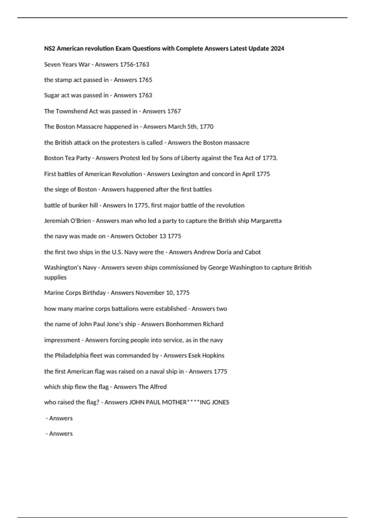 NS2 American revolution Exam Questions with Complete Answers Latest Update 2024 - NS2 American ...