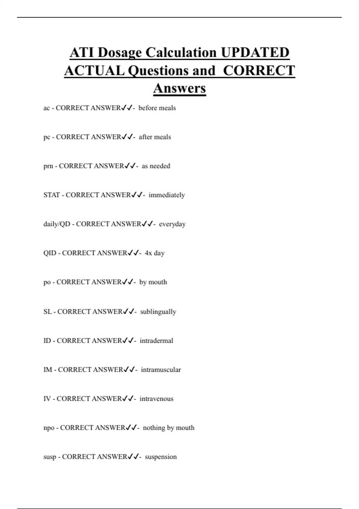 ATI Dosage Calculation UPDATED ACTUAL Questions and CORRECT Answers ...