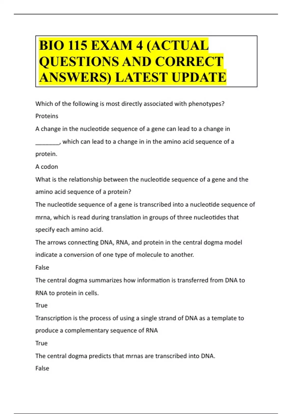 BIO 115 EXAM 4 (ACTUAL QUESTIONS AND CORRECT ANSWERS) LATEST UPDATE ...