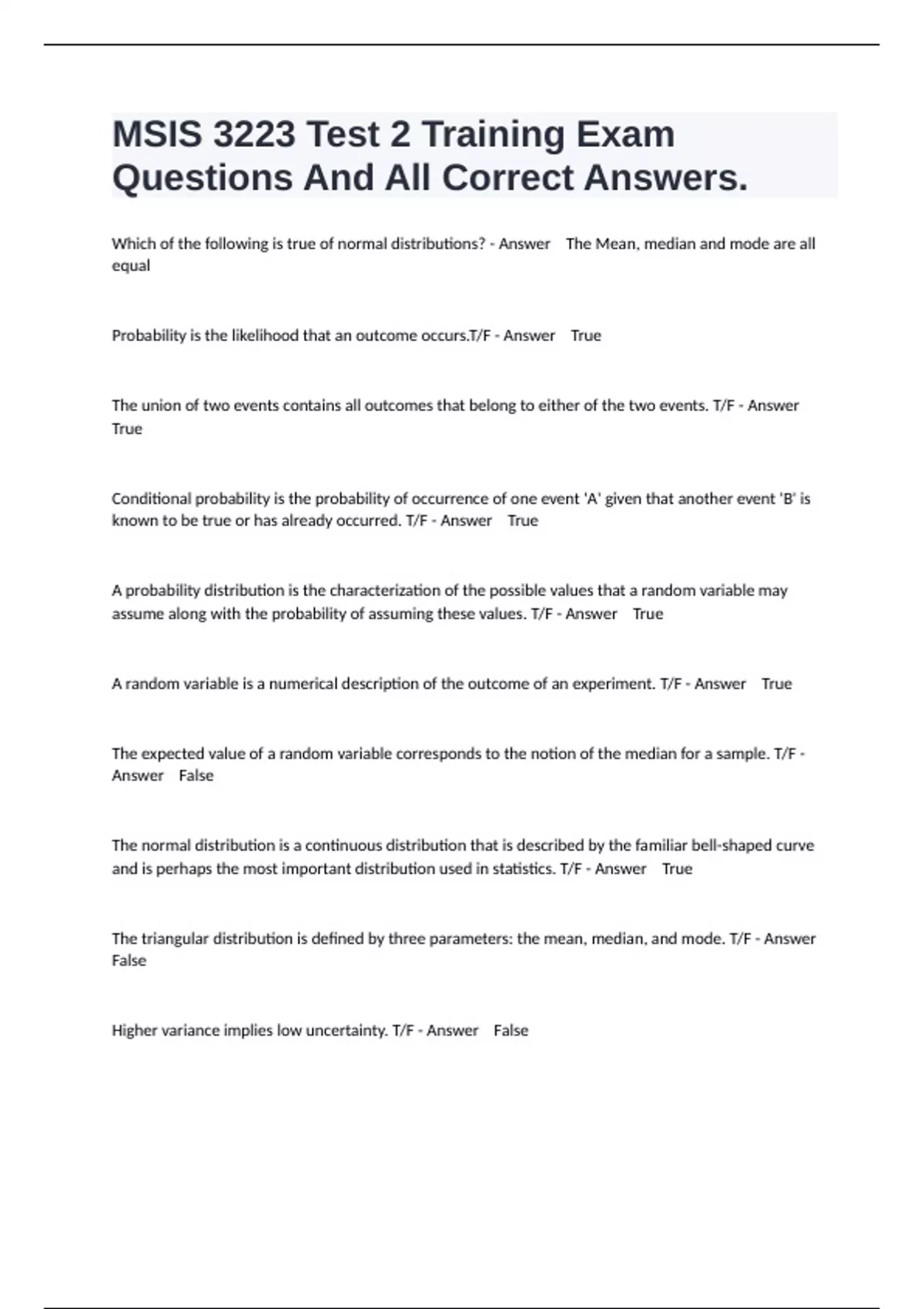MSIS 3223 Test 2 Training Exam Questions And All Correct Answers ...