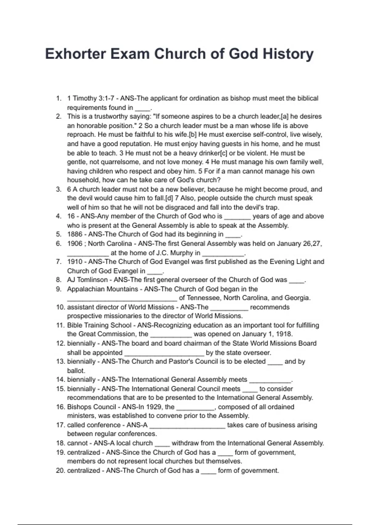 Exhorter Exam Church of God History Questions With Verified Answers ...