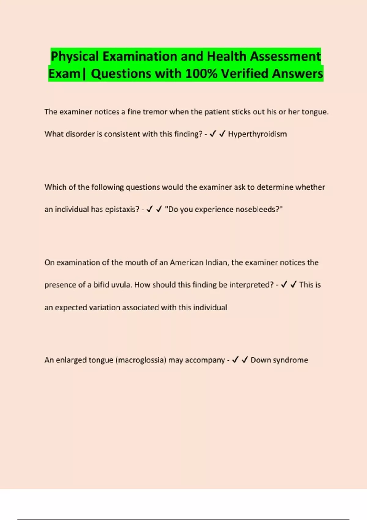 Physical Examination and Health Assessment Exam Questions with 100