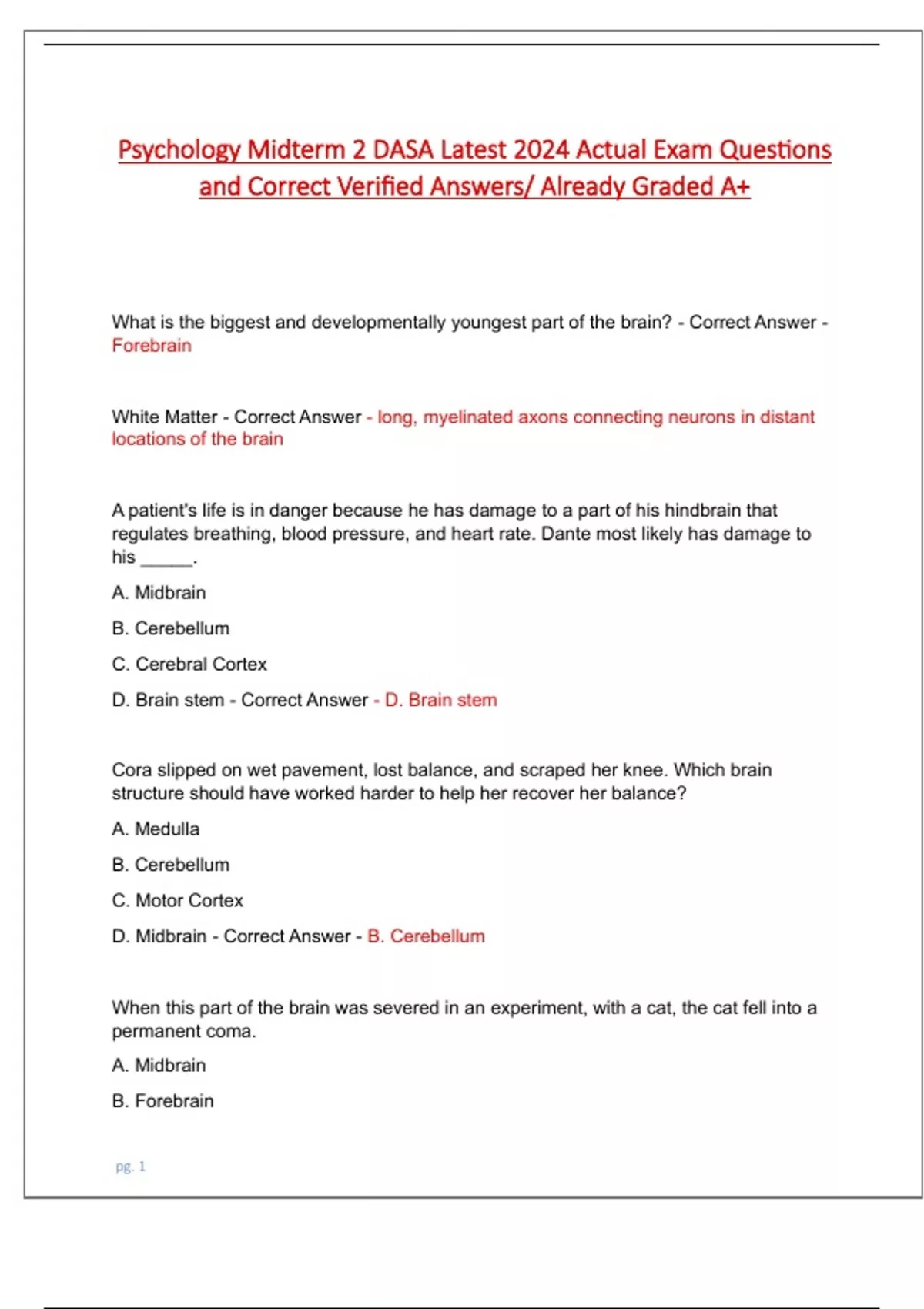 Psychology Midterm 2 DASA Latest 2024 Actual Exam Questions and Correct ...