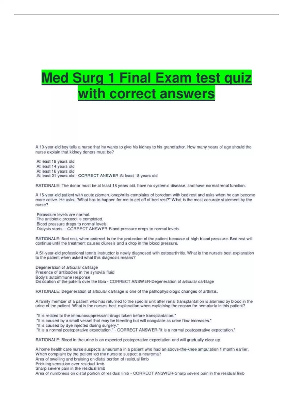 Med Surg 1 Final Exam test quiz with correct answers - Med surg - Stuvia US