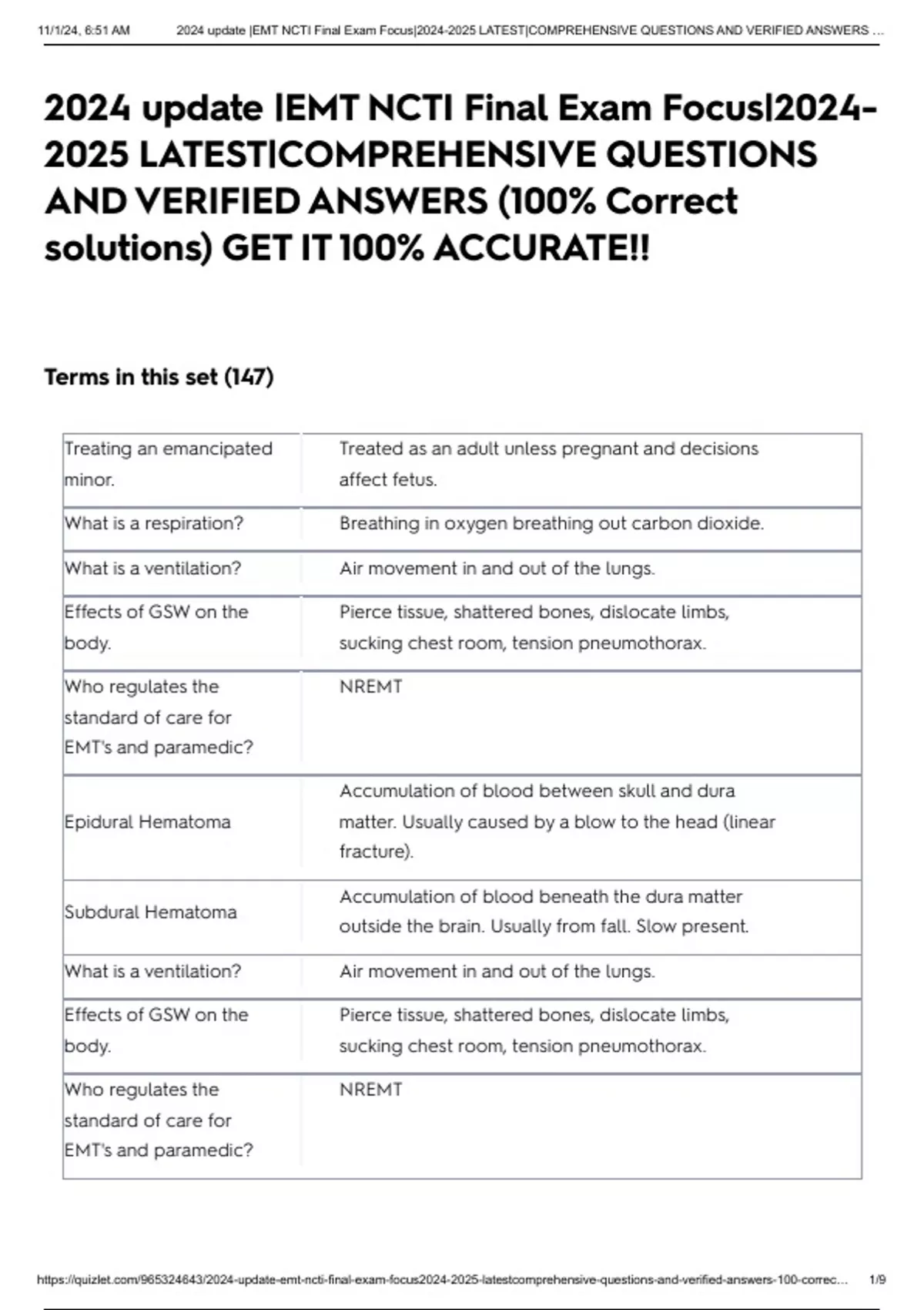 2024 update |EMT NCTI Final Exam Focus| LATEST|COMPREHENSIVE QUESTIONS AND VERIFIED ANSWERS (100 ...