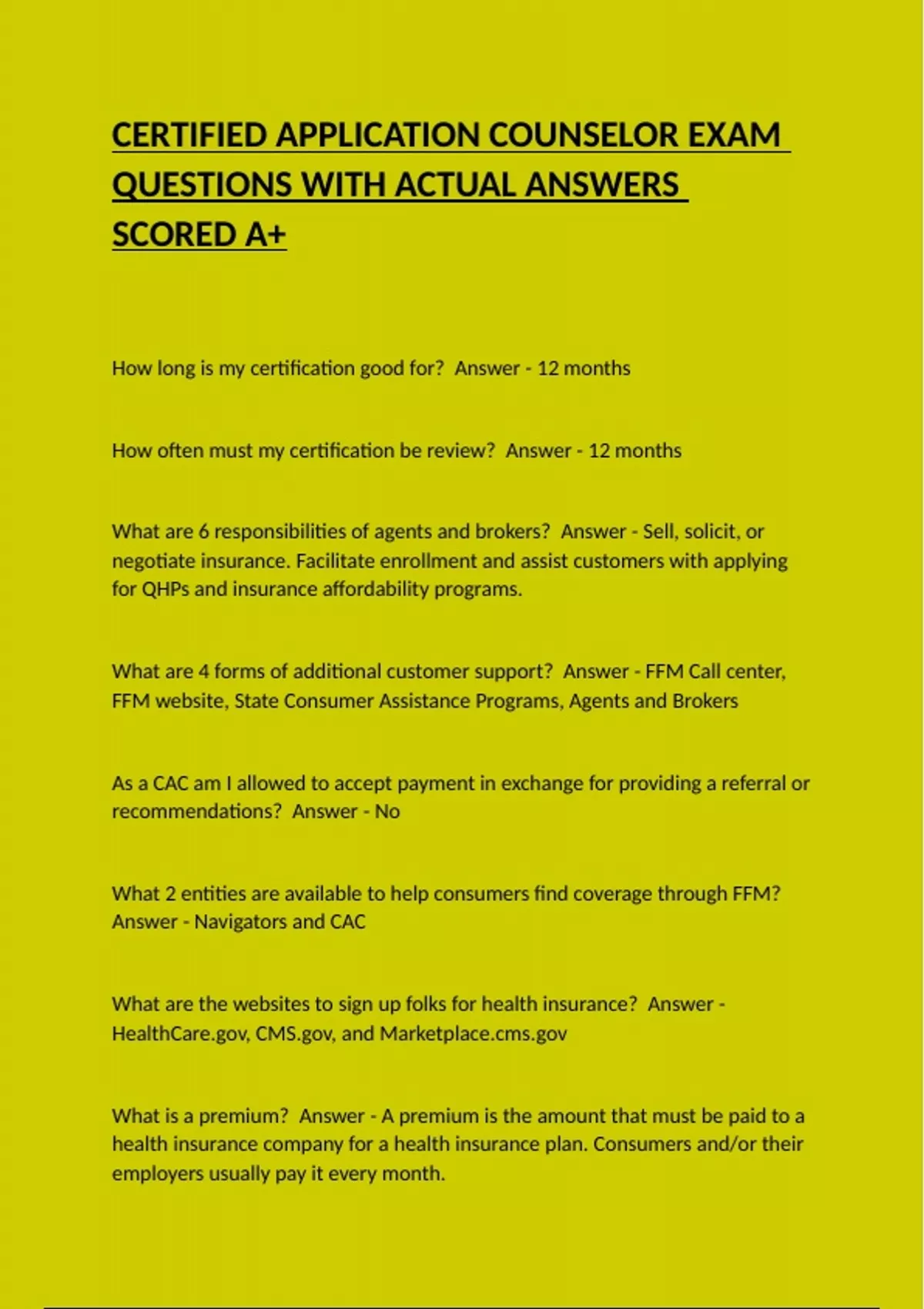 CERTIFIED APPLICATION COUNSELOR EXAM QUESTIONS WITH ACTUAL ANSWERS ...