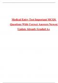 Medical Entry Test Important MCQS Questions With Correct Answers Newest Update Already Graded A&plus; Complete Chapters 1-13