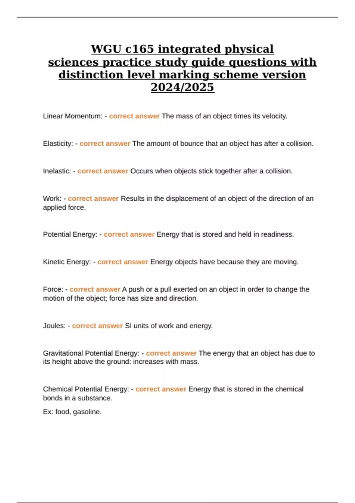 Wgu C165 Integrated Physical Sciences Practice Study Guide Questions