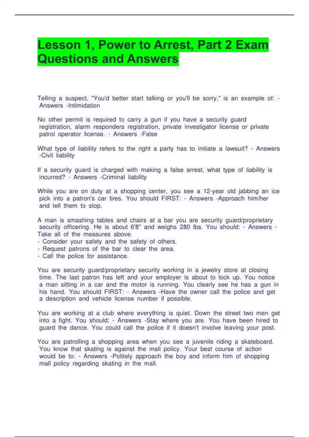 Lesson 1, Power to Arrest, Part 2 Exam Questions and Answers - Police ...