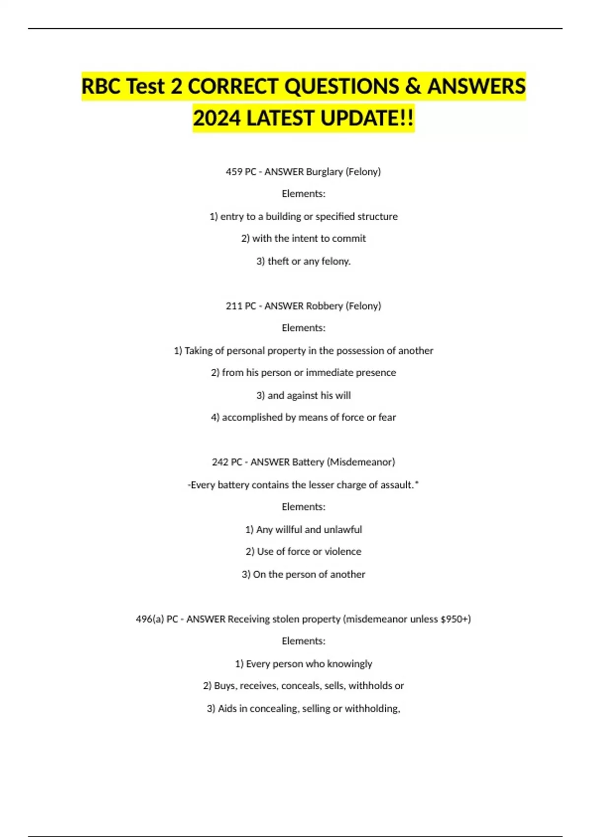 RBC Test 2 CORRECT QUESTIONS & ANSWERS 2024 LATEST UPDATE!! - RBC ...