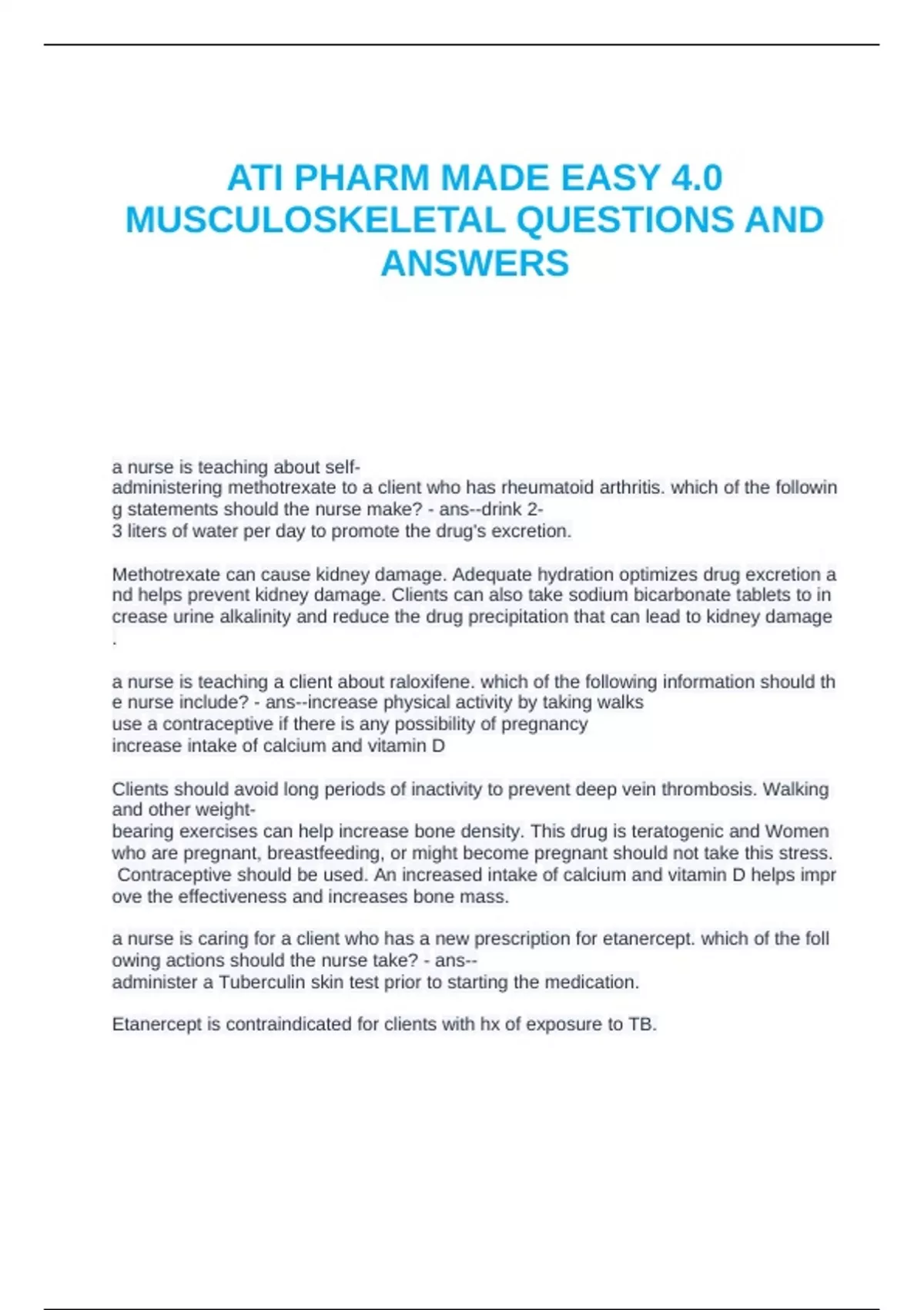 ATI PHARM MADE EASY 4.0 MUSCULOSKELETAL SYSTEM QUESTIONS AND ANSWERS