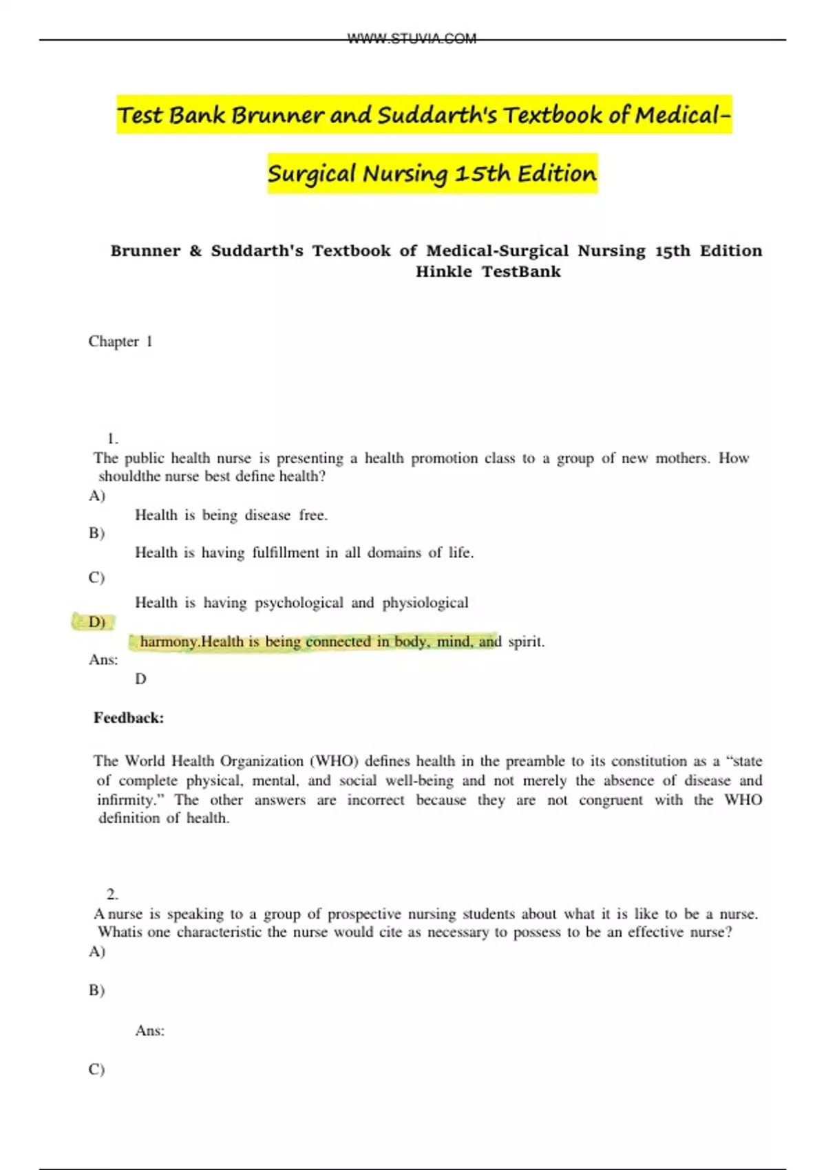 Test Bank Complete For Brunner and Suddarth's Textbook of Medical