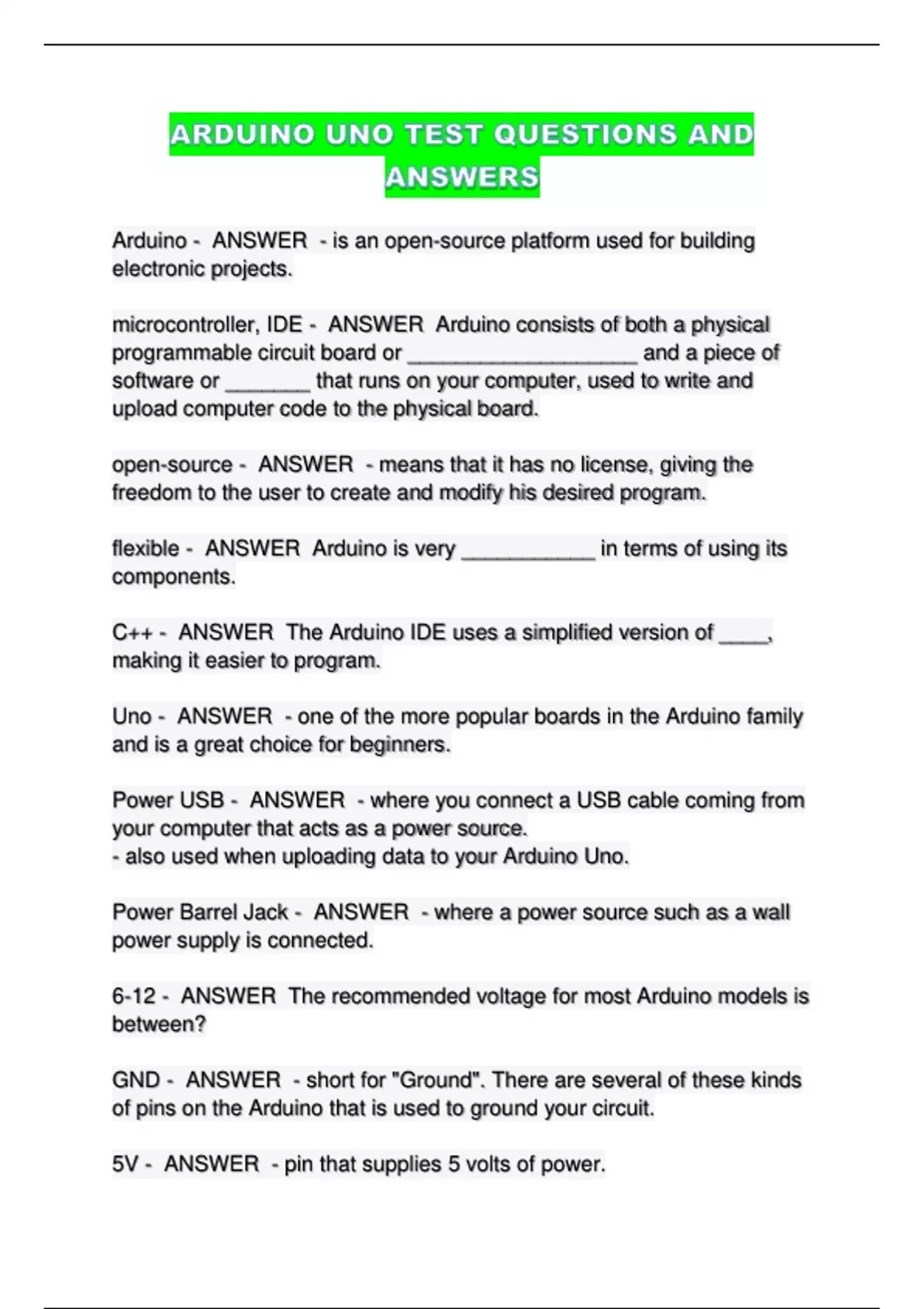 ARDUINO UNO TEST QUESTIONS AND ANSWERS - ARDUINO UNO - Stuvia US