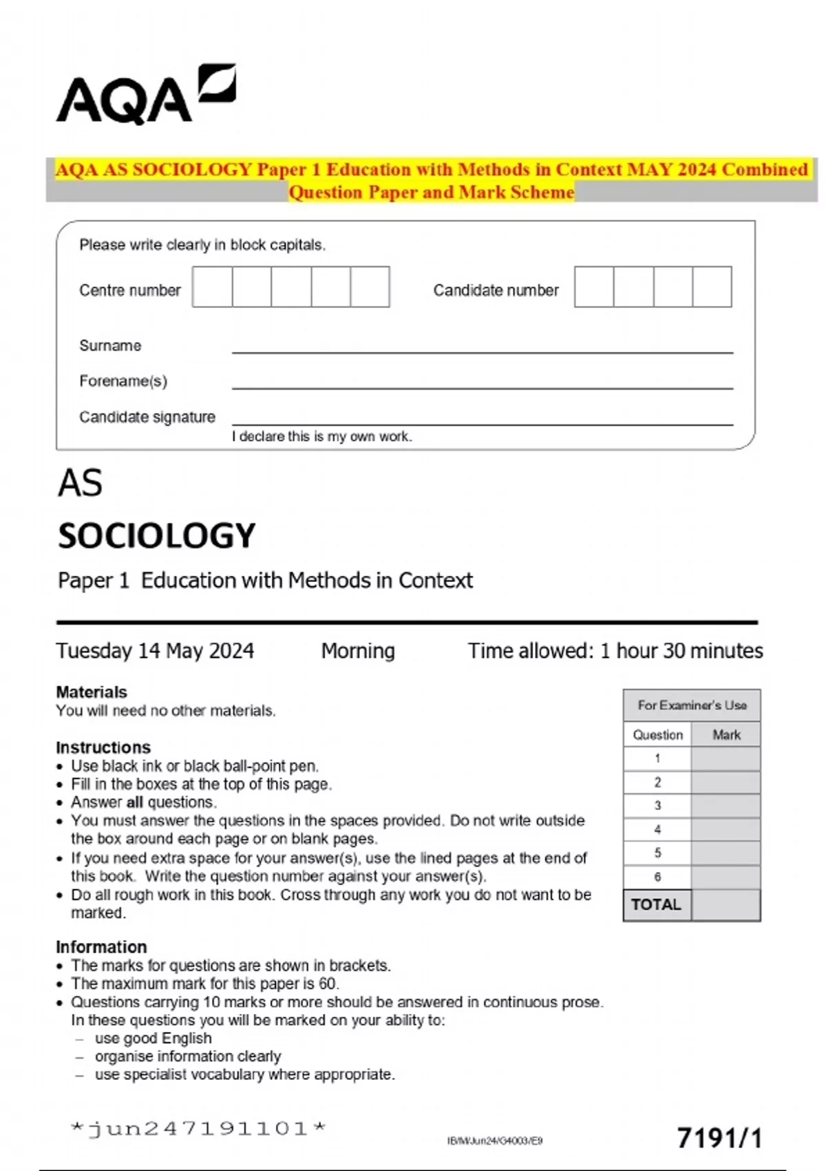 AQA AS SOCIOLOGY Paper 1 Education with Methods in Context MAY 2024 ...