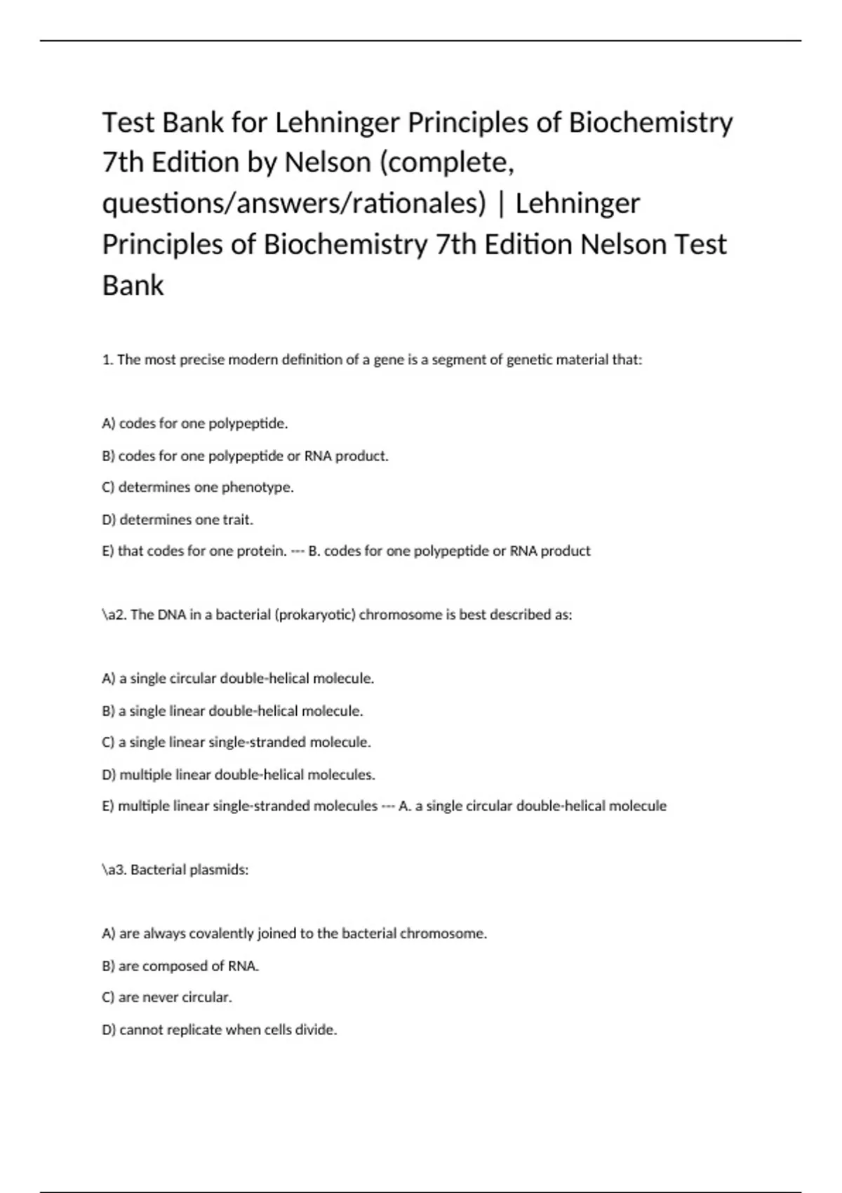 Test Bank for Lehninger Principles of Biochemistry 7th Edition by ...