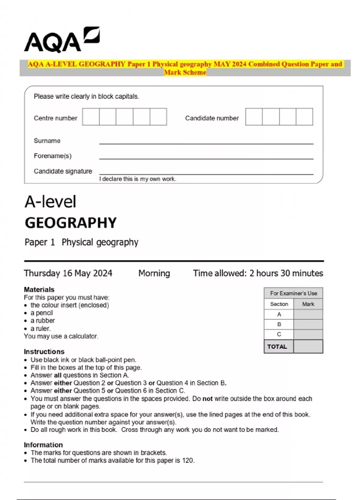 AQA A-LEVEL GEOGRAPHY Paper 1 Physical geography MAY 2024 Combined ...