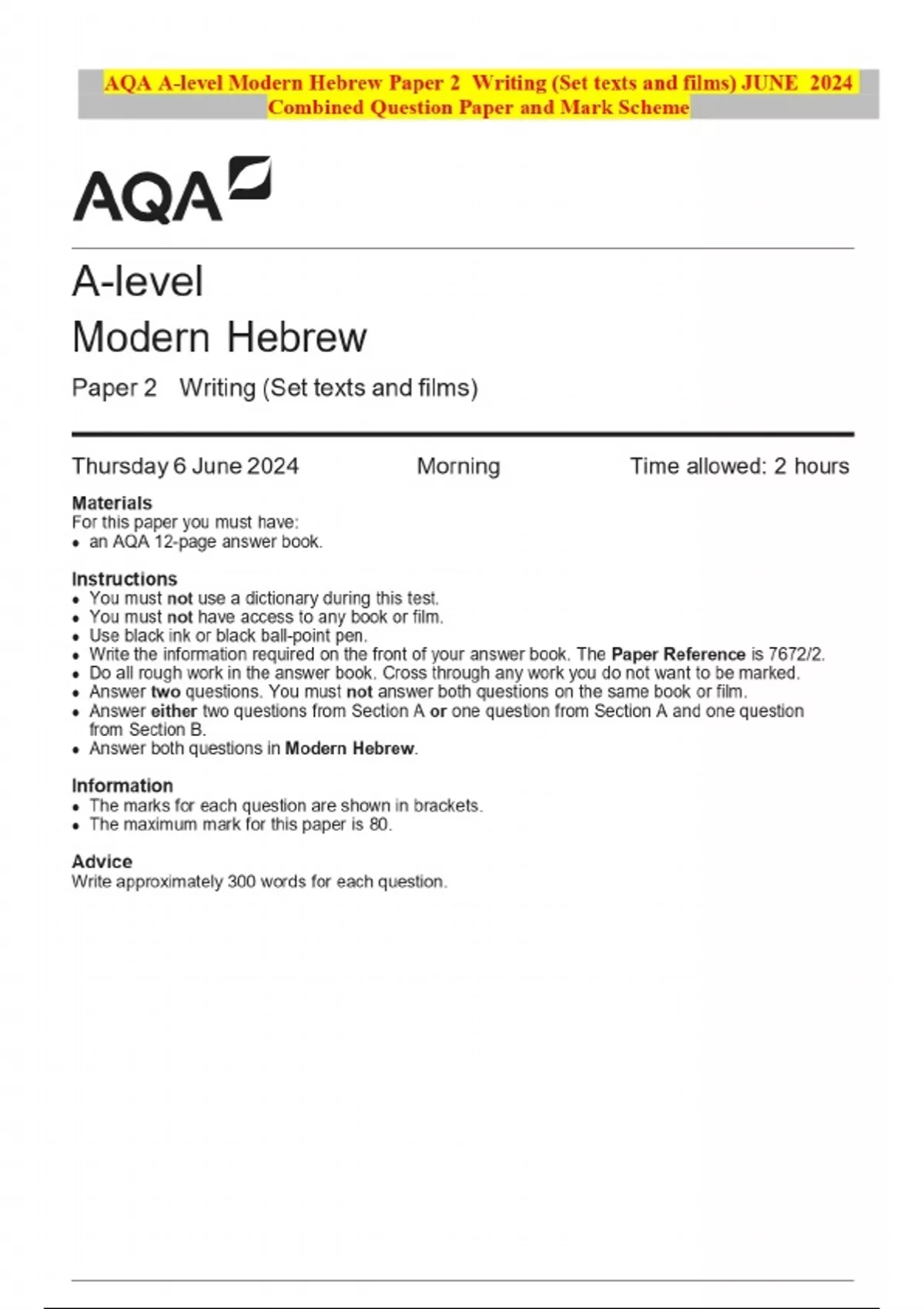 AQA A-level Modern Hebrew Paper 2 Writing (Set texts and films) JUNE ...