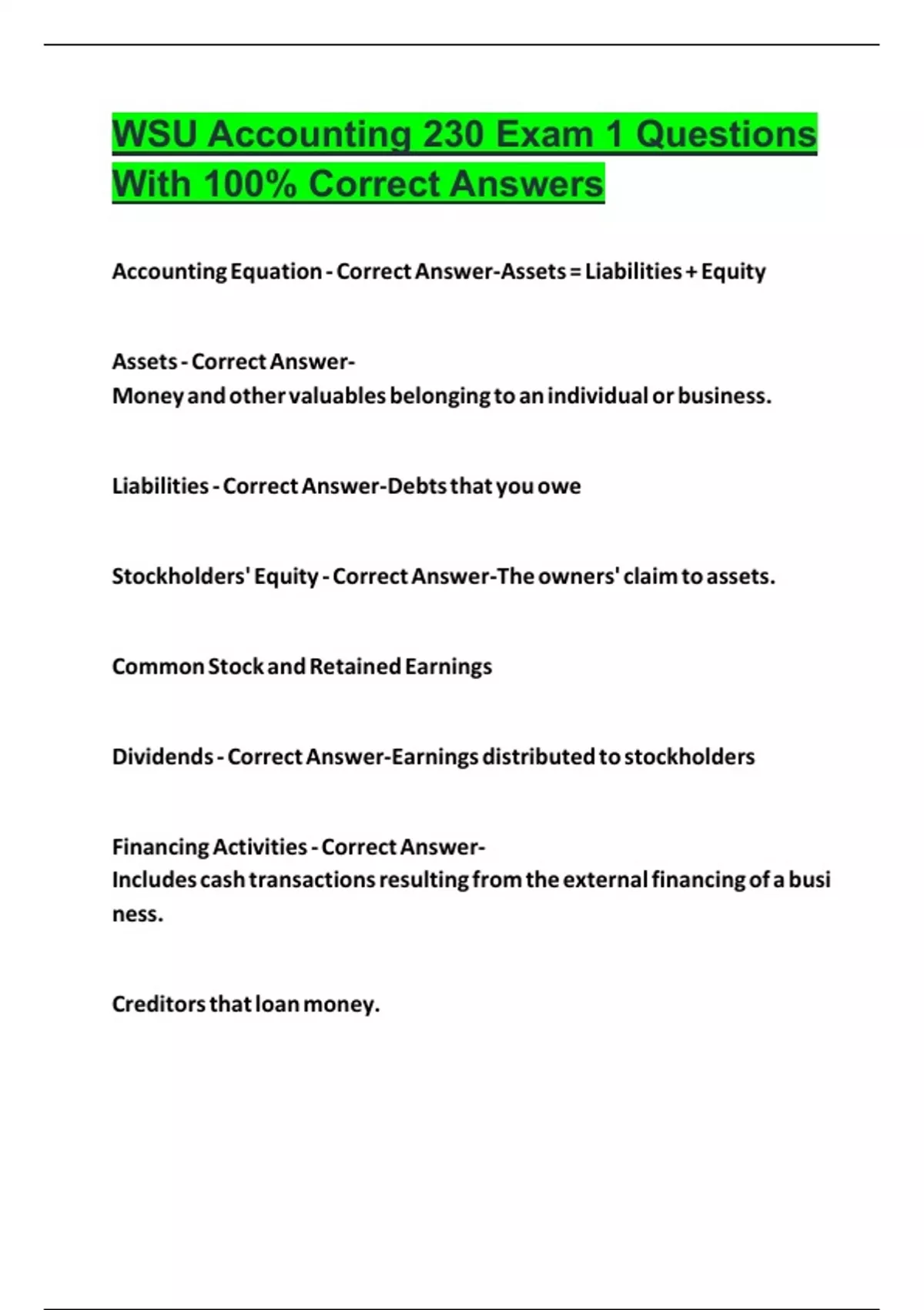 WSU Accounting 230 Exam 1 Questions With 100% Correct Answers 2024 ...