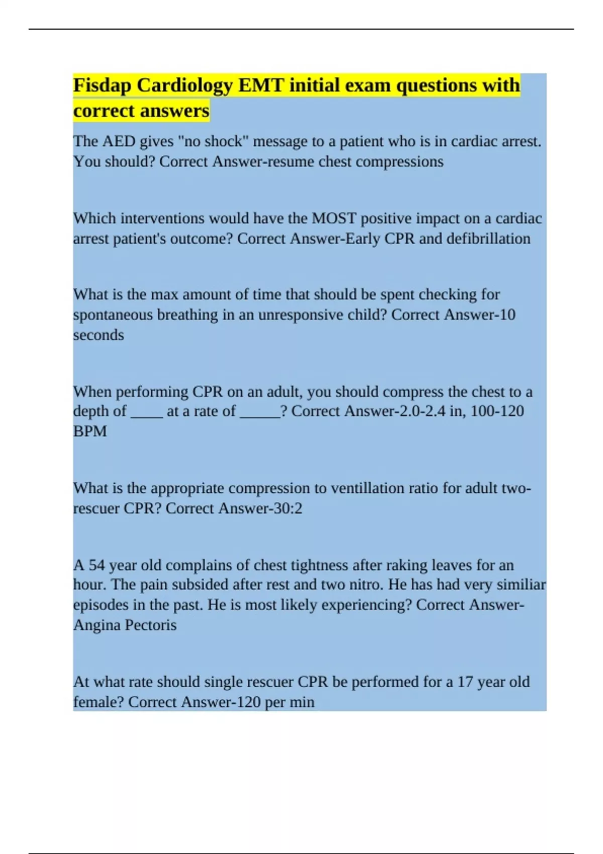 Fisdap Cardiology EMT initial exam questions with correct answers ...