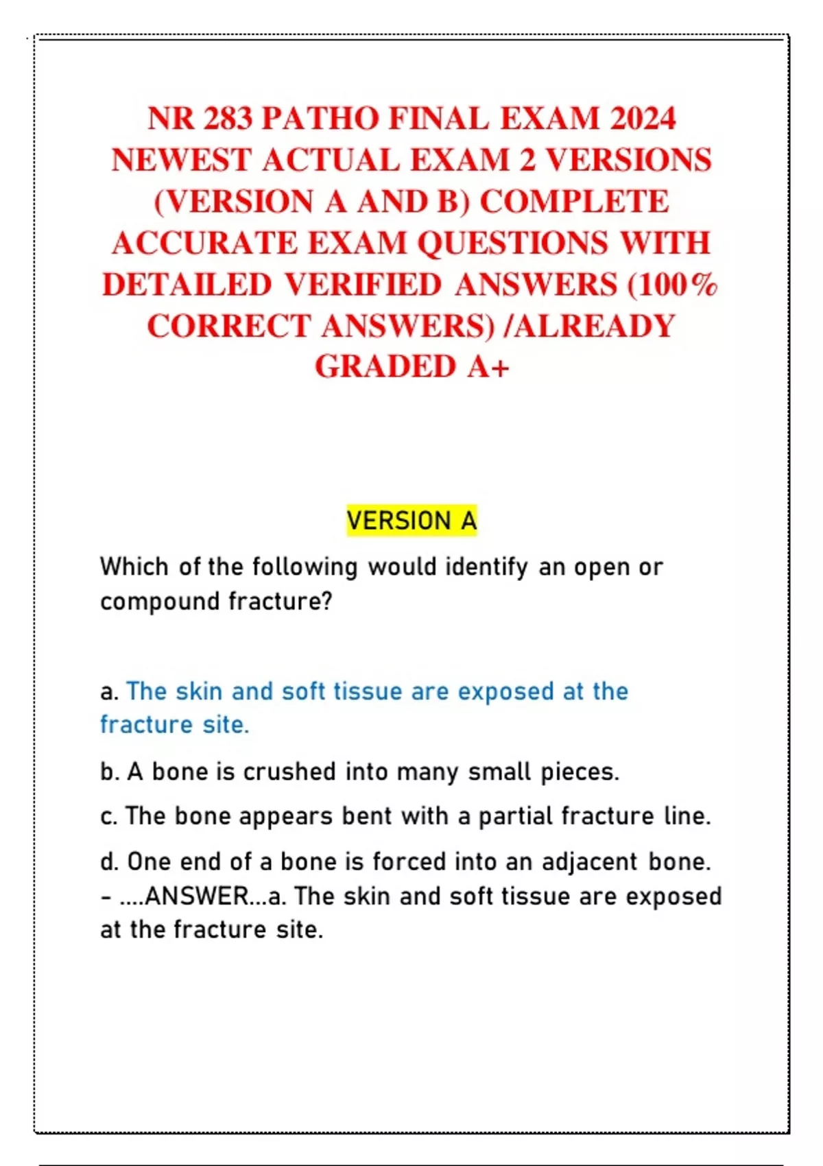 NR 283 PATHO FINAL EXAM 2024 NEWEST ACTUAL EXAM 2 VERSIONS (VERSION A ...